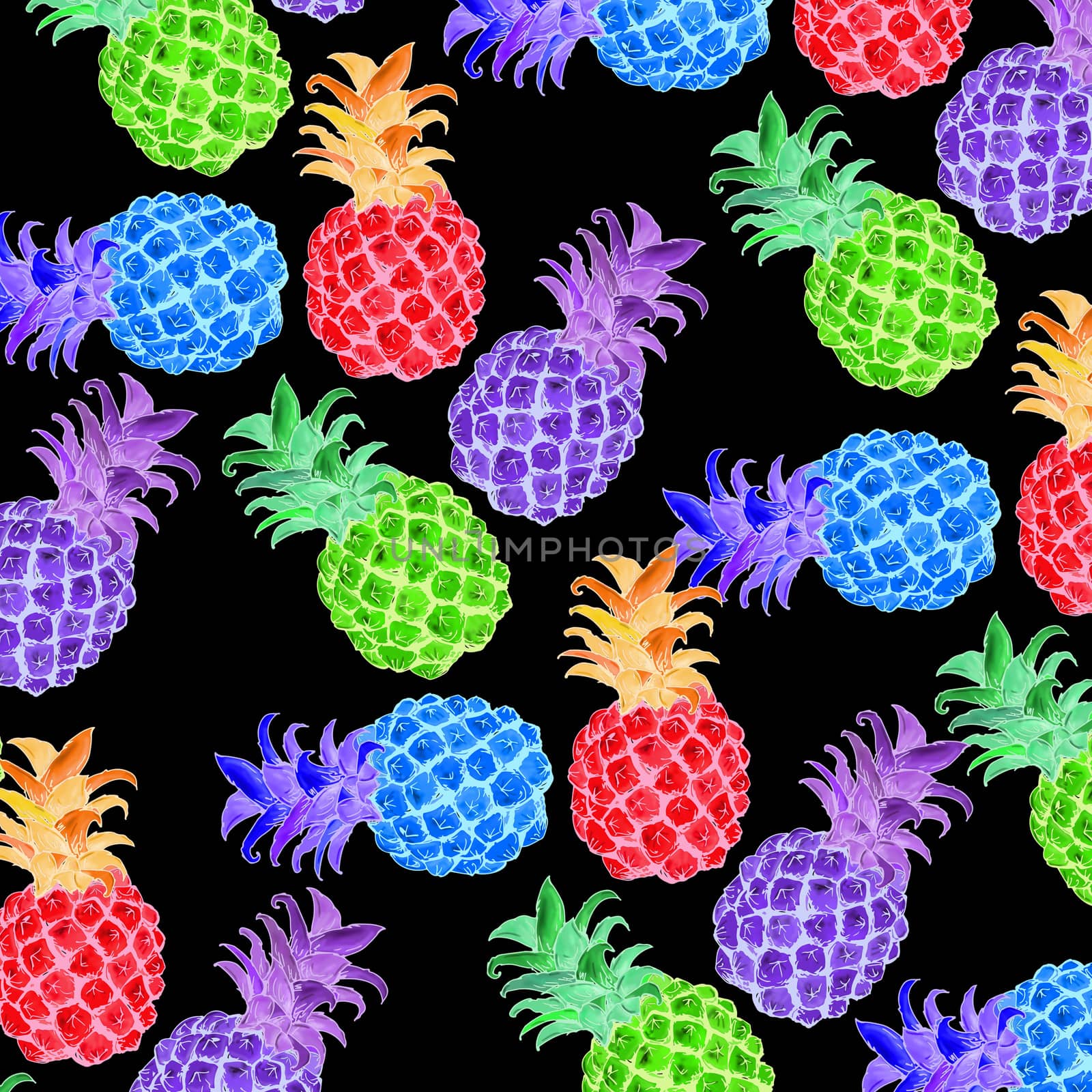 fabrics with color drawn pineapple with black background by silviagaudenzi