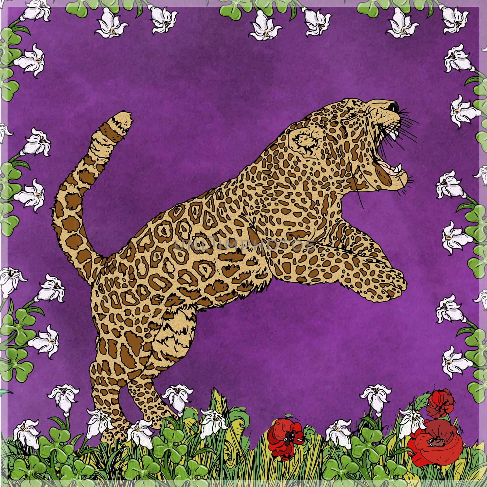 A spotted tiger jumping
 With frame of flowers