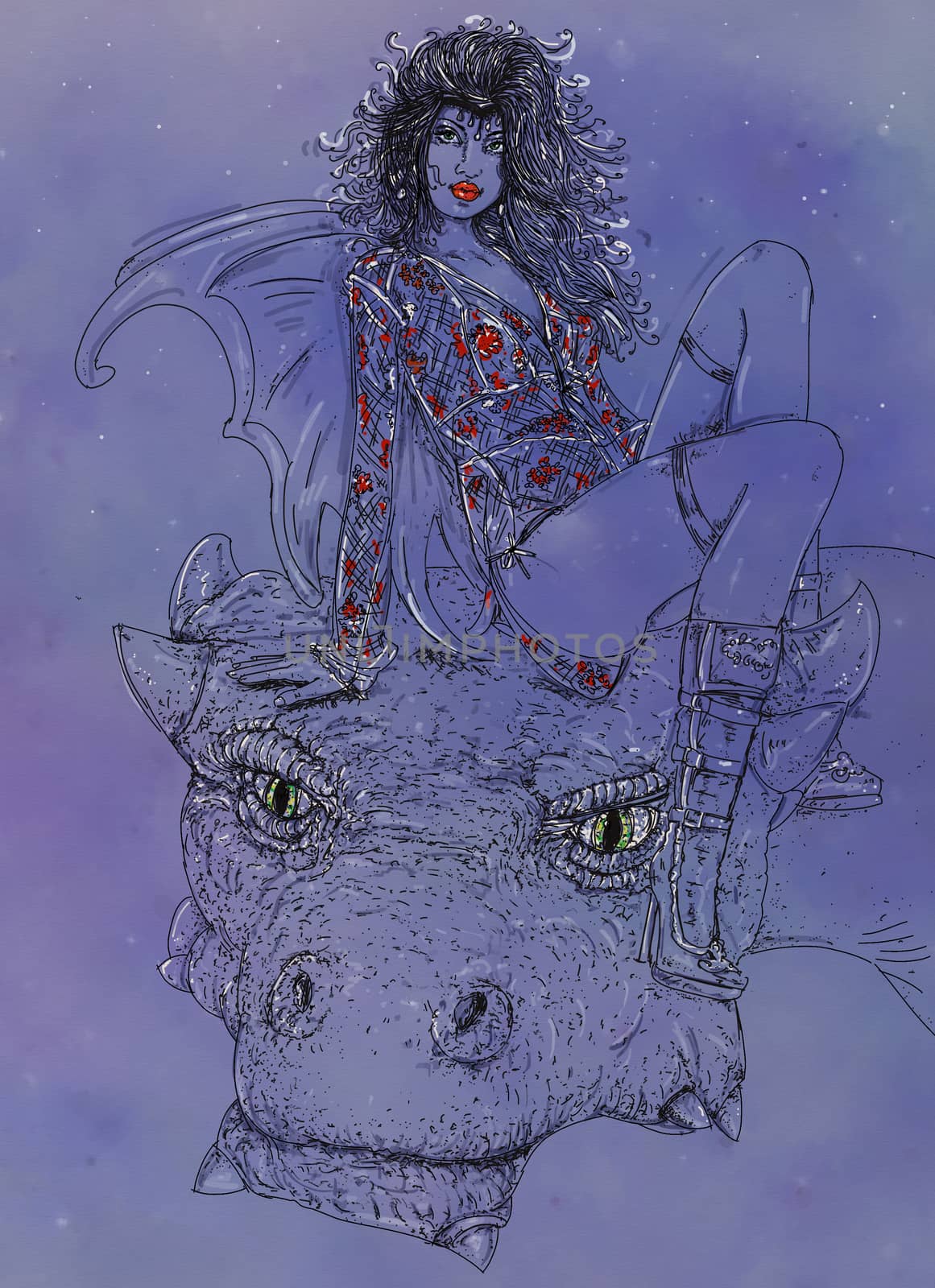 Vampire woman riding a dragon, by silviagaudenzi