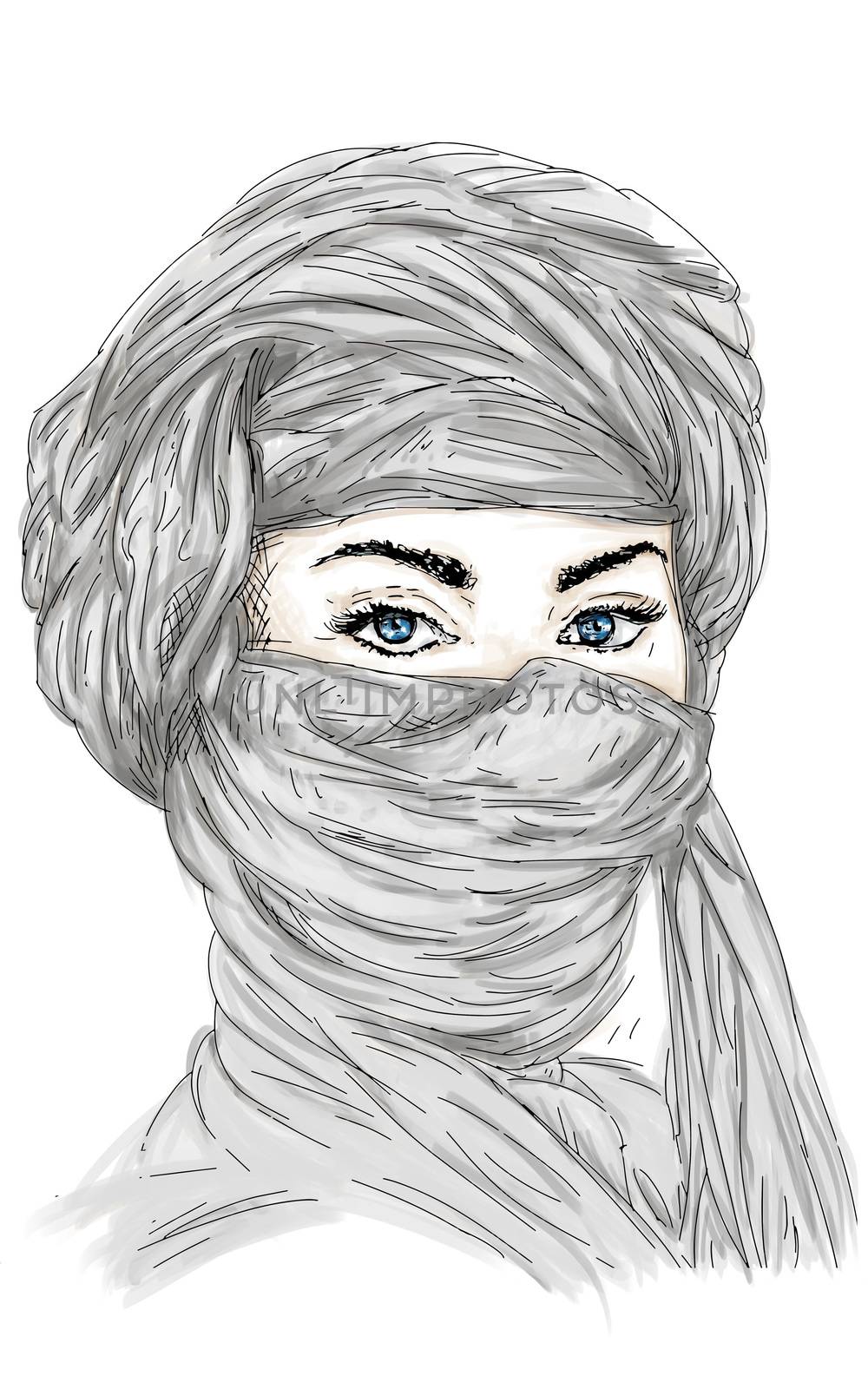 Woman with muslim headdress, Arab with blue eyes