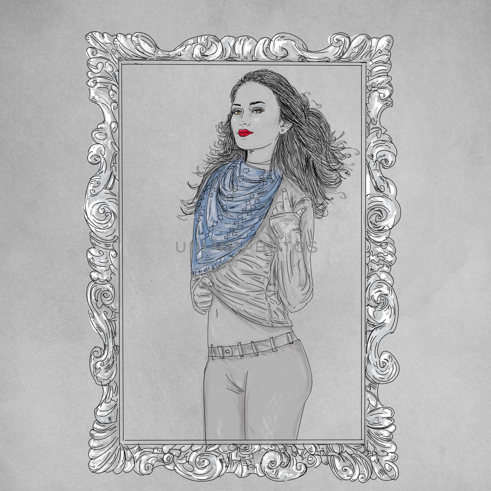 Comic woman with scarf for fashion design framed