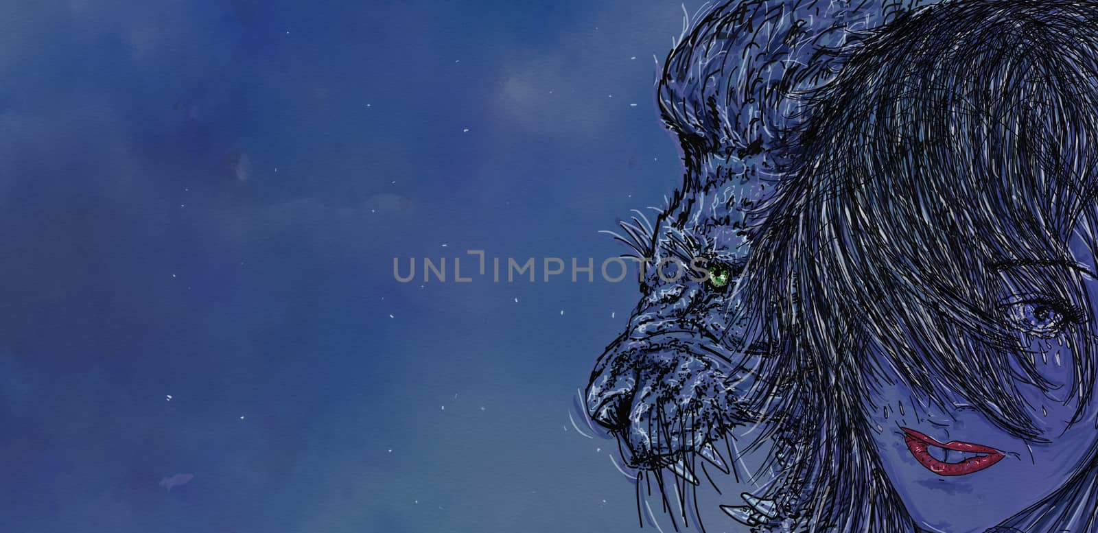 portrait of a woman crying, with lion, night background with stars, banner