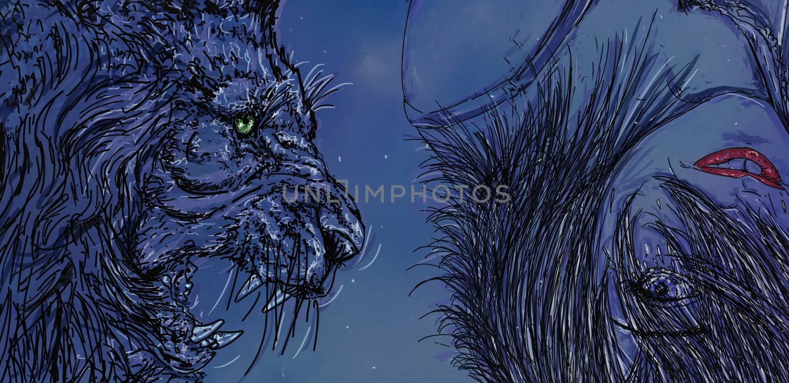 portrait of a woman crying, with lion, night background with stars, banner