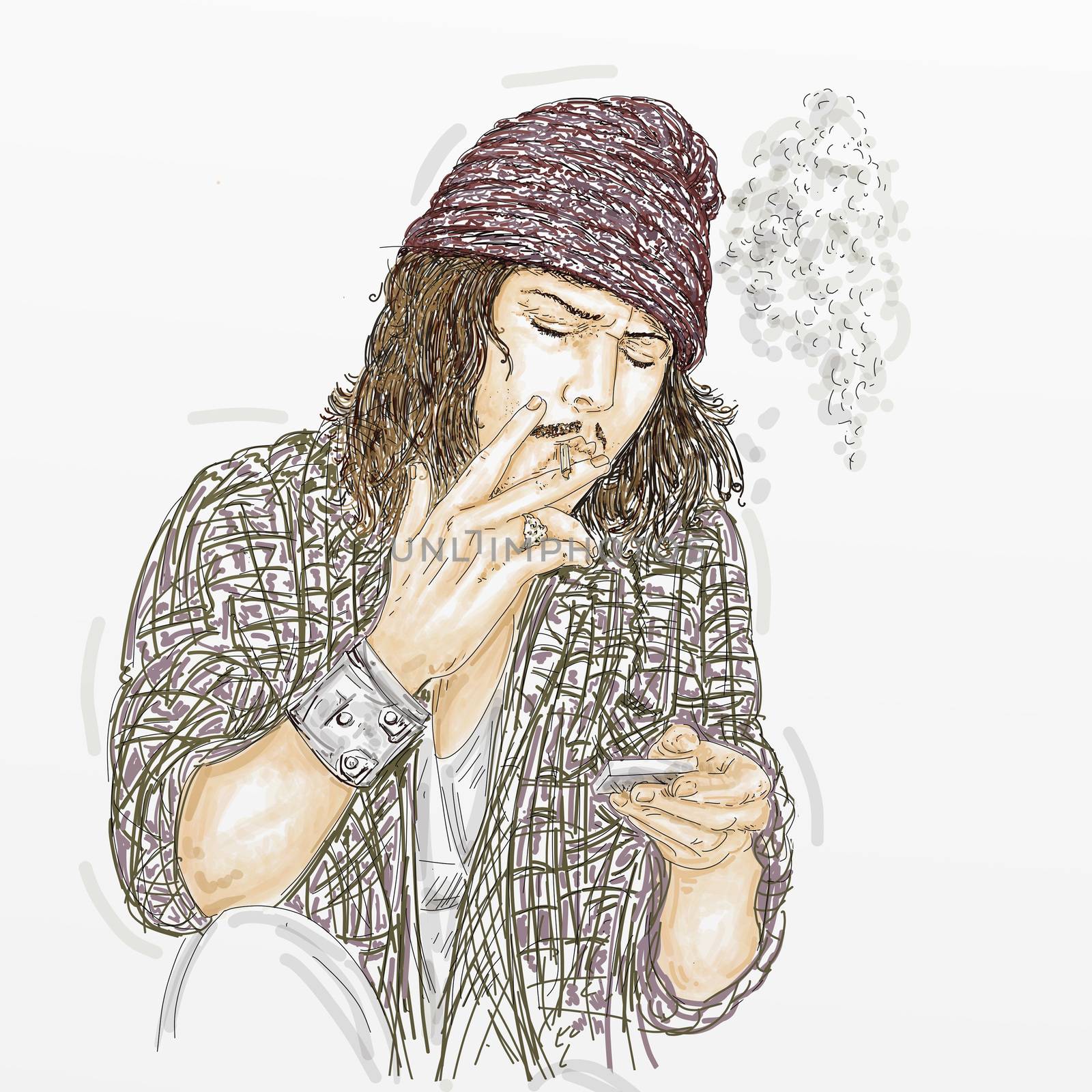 Young man smoking tobacco - Artistic silk screen of Johnny Depp, actor,