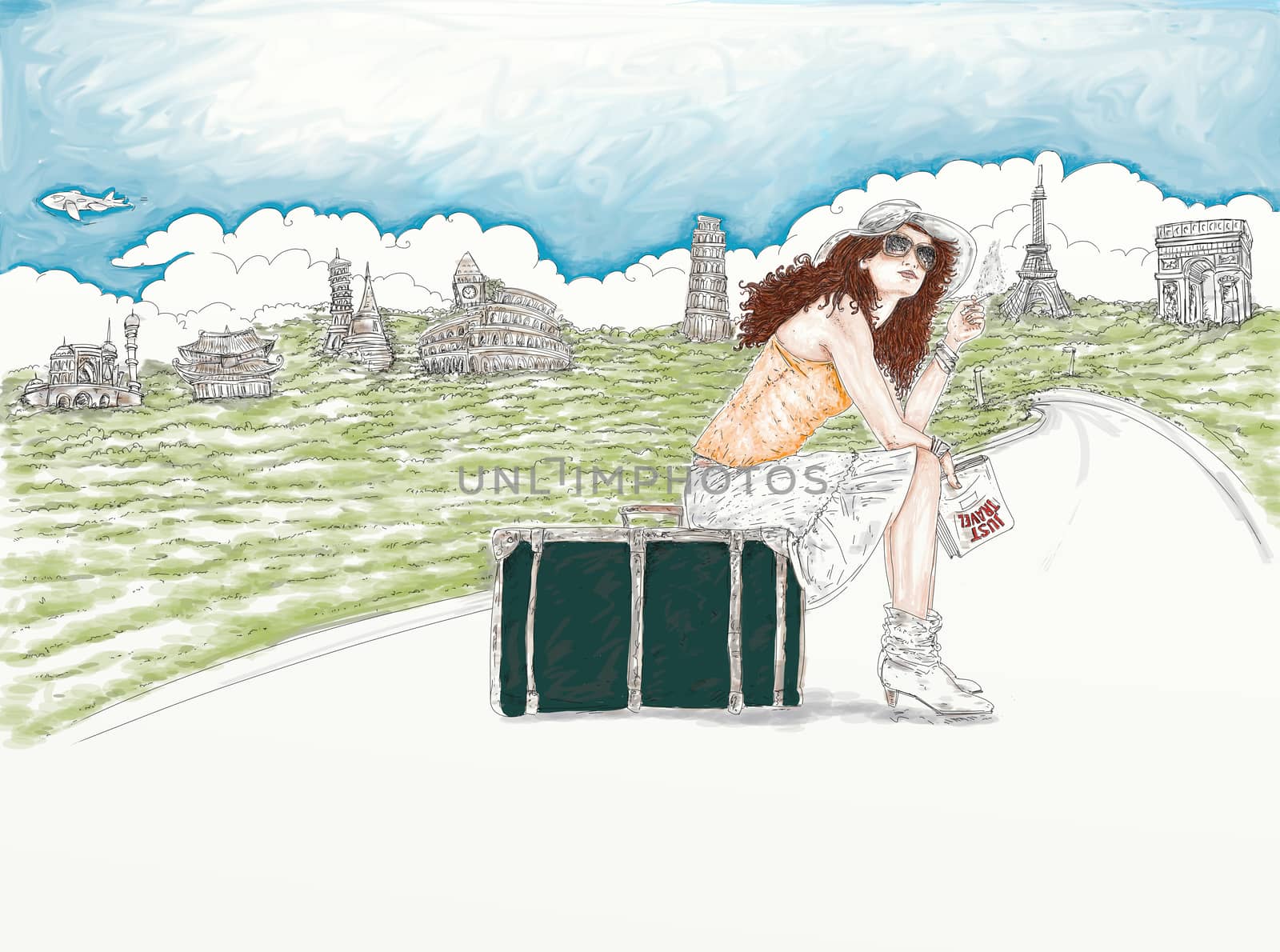 Woman with a suitcase thinking about where to go,
City in the background.