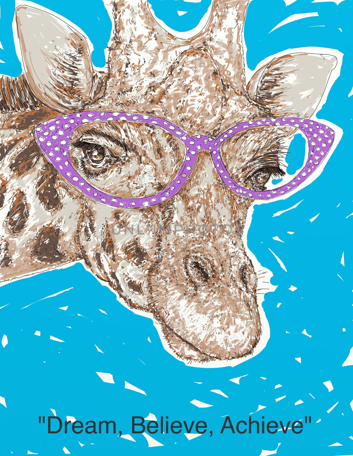A giraffe with pink glasses