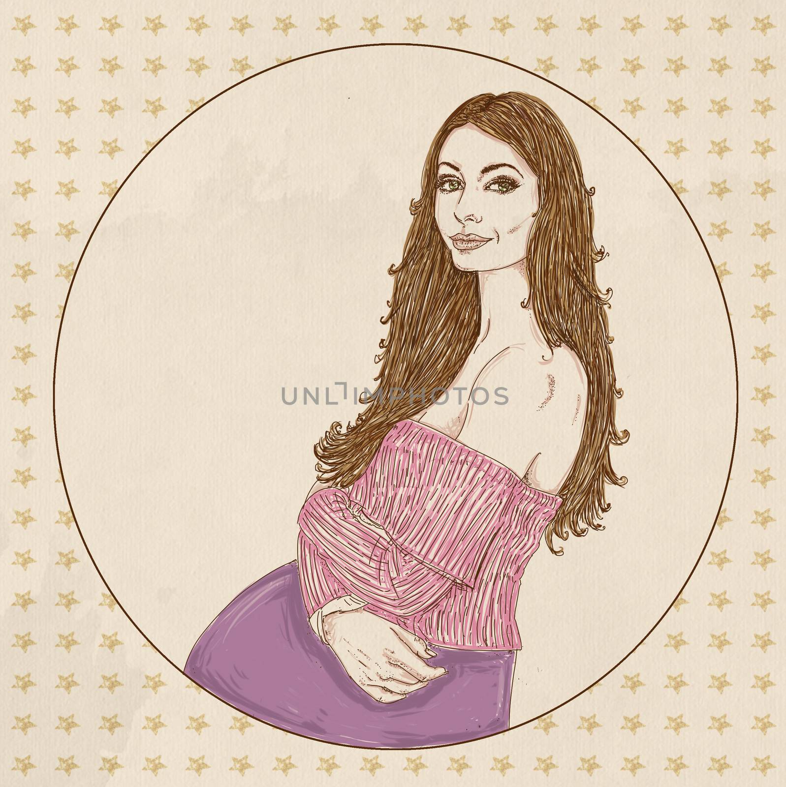 Pregnant woman with pink sweater and long brown hair, prenatal,