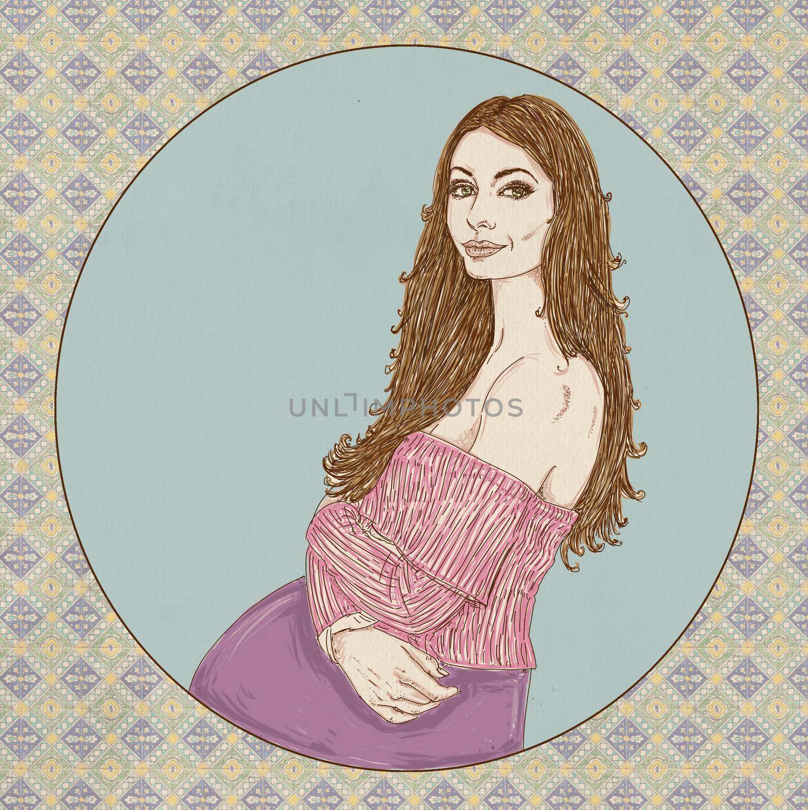 Pregnant woman with pink sweater and long brown hair, prenatal,