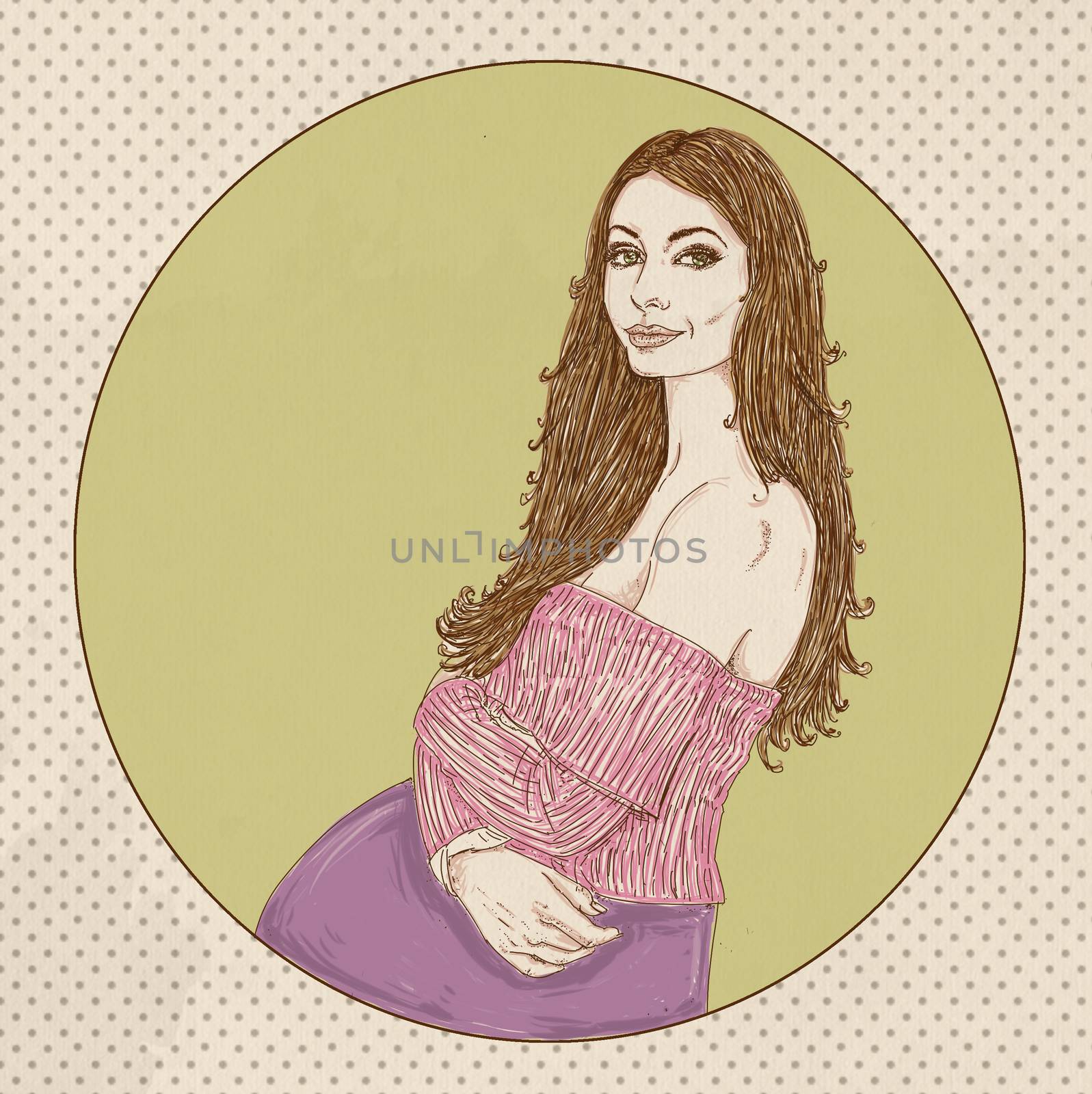 Pregnant woman with pink sweater and long brown hair, prenatal,