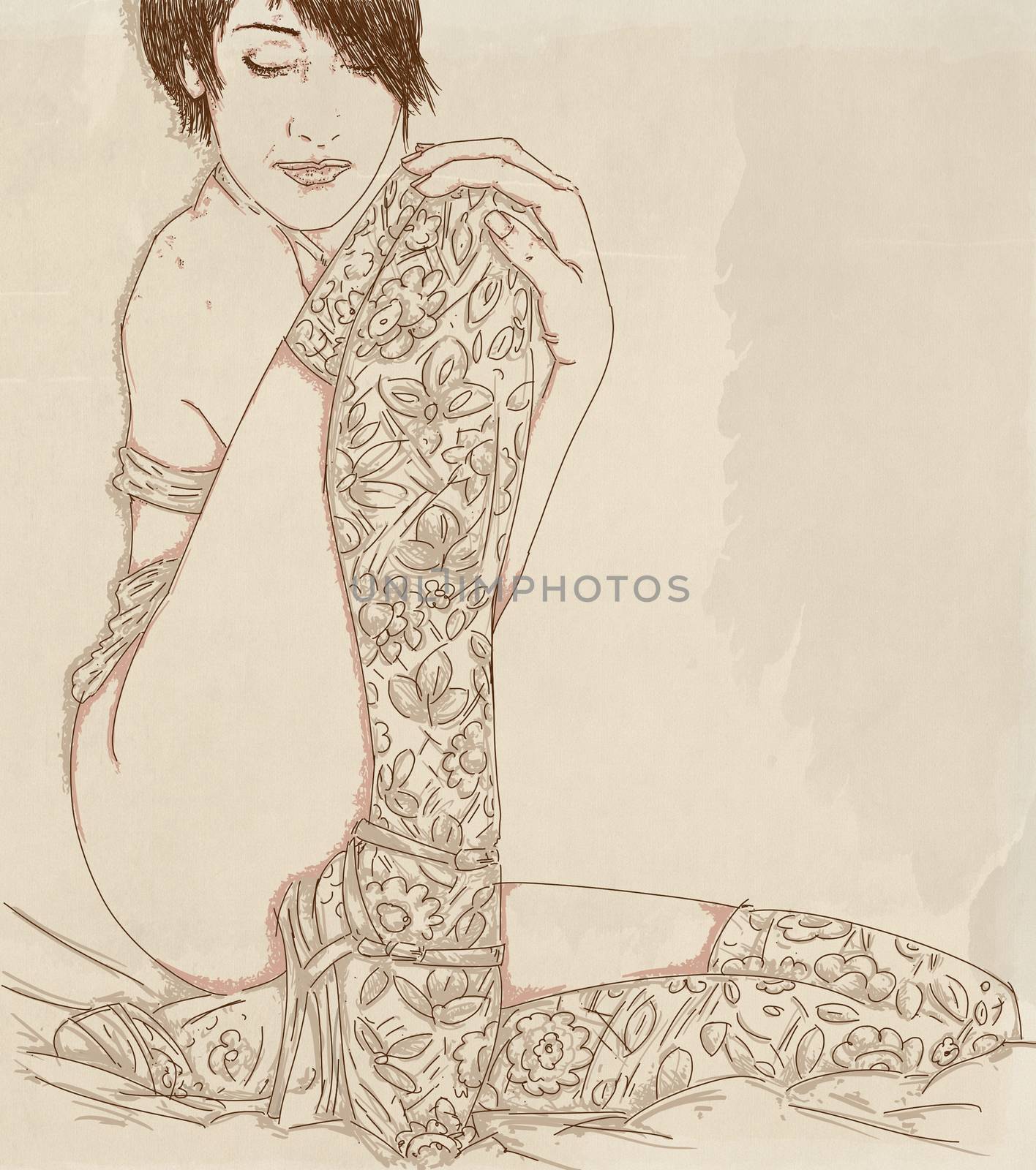 Portrait of sexy woman with short hair, In lace stockings by silviagaudenzi