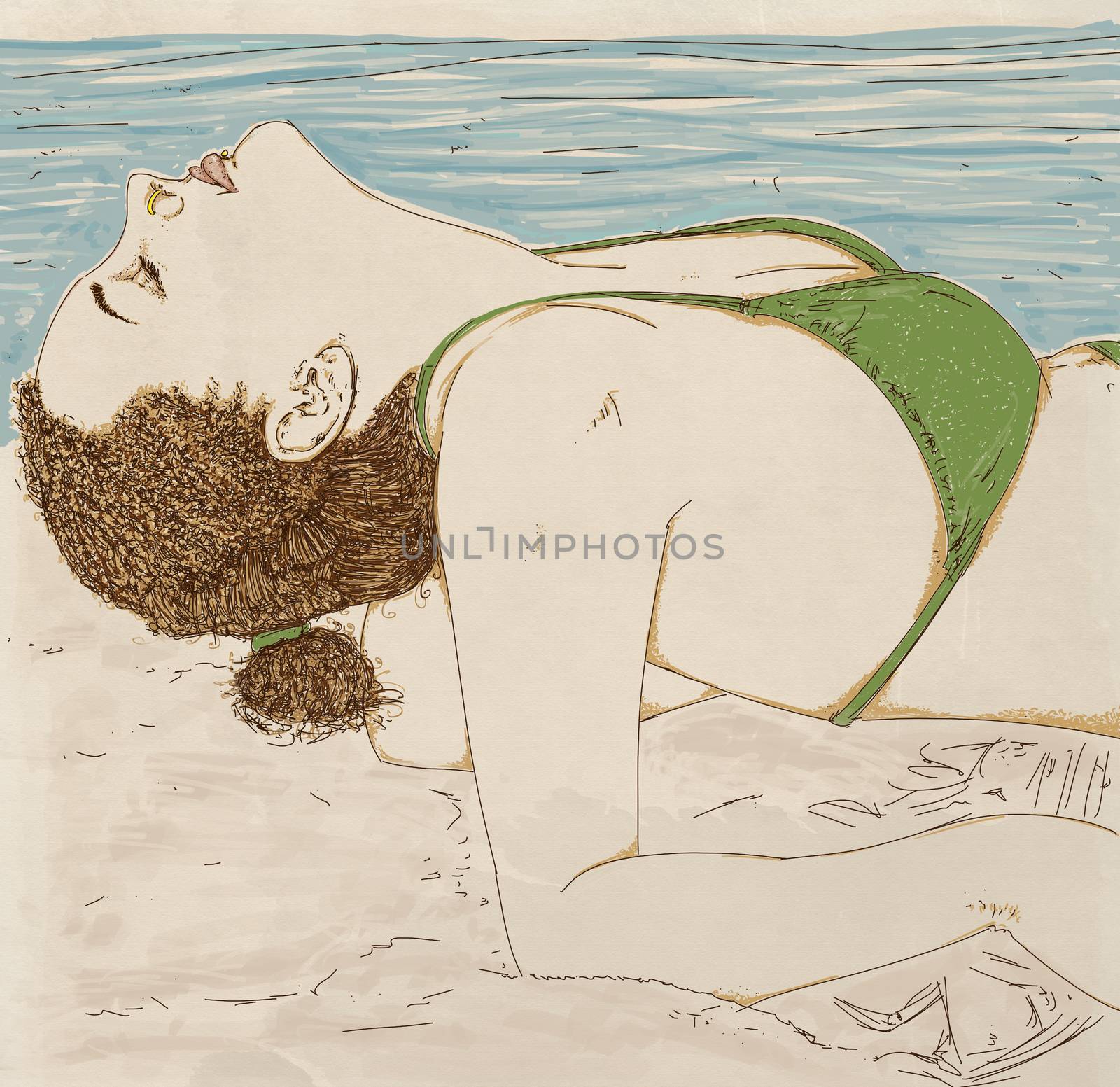 Portrait of a young girl profile at the sea, in green costume with the hair in the hair