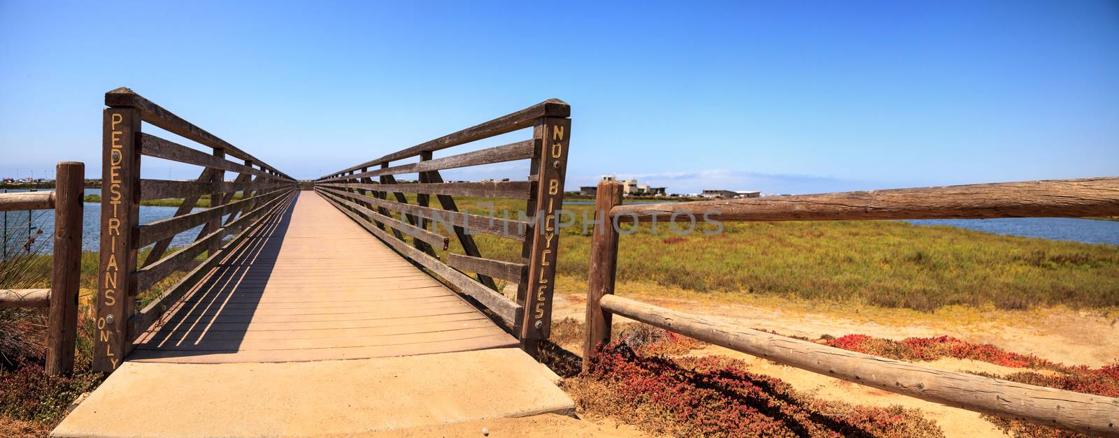 Bridge along the peaceful and tranquil marsh of Bolsa Chica wetl by steffstarr