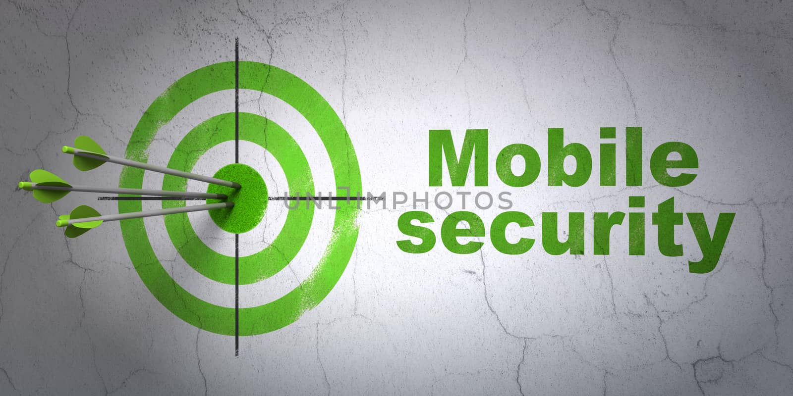 Success protection concept: arrows hitting the center of target, Green Mobile Security on wall background, 3D rendering