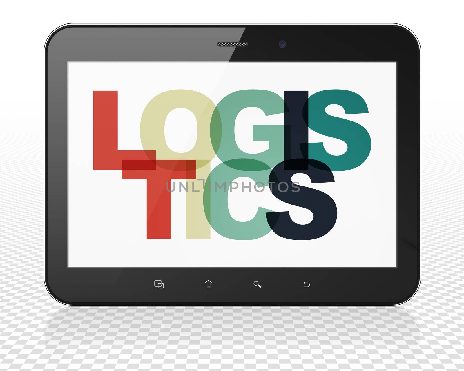 Business concept: Tablet Pc Computer with Painted multicolor text Logistics on display, 3D rendering