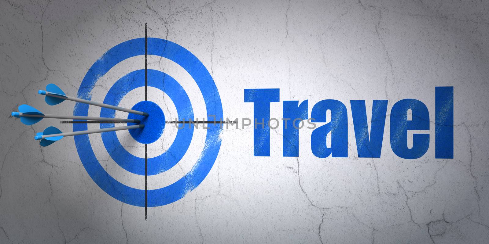 Success travel concept: arrows hitting the center of target, Blue Travel on wall background, 3D rendering