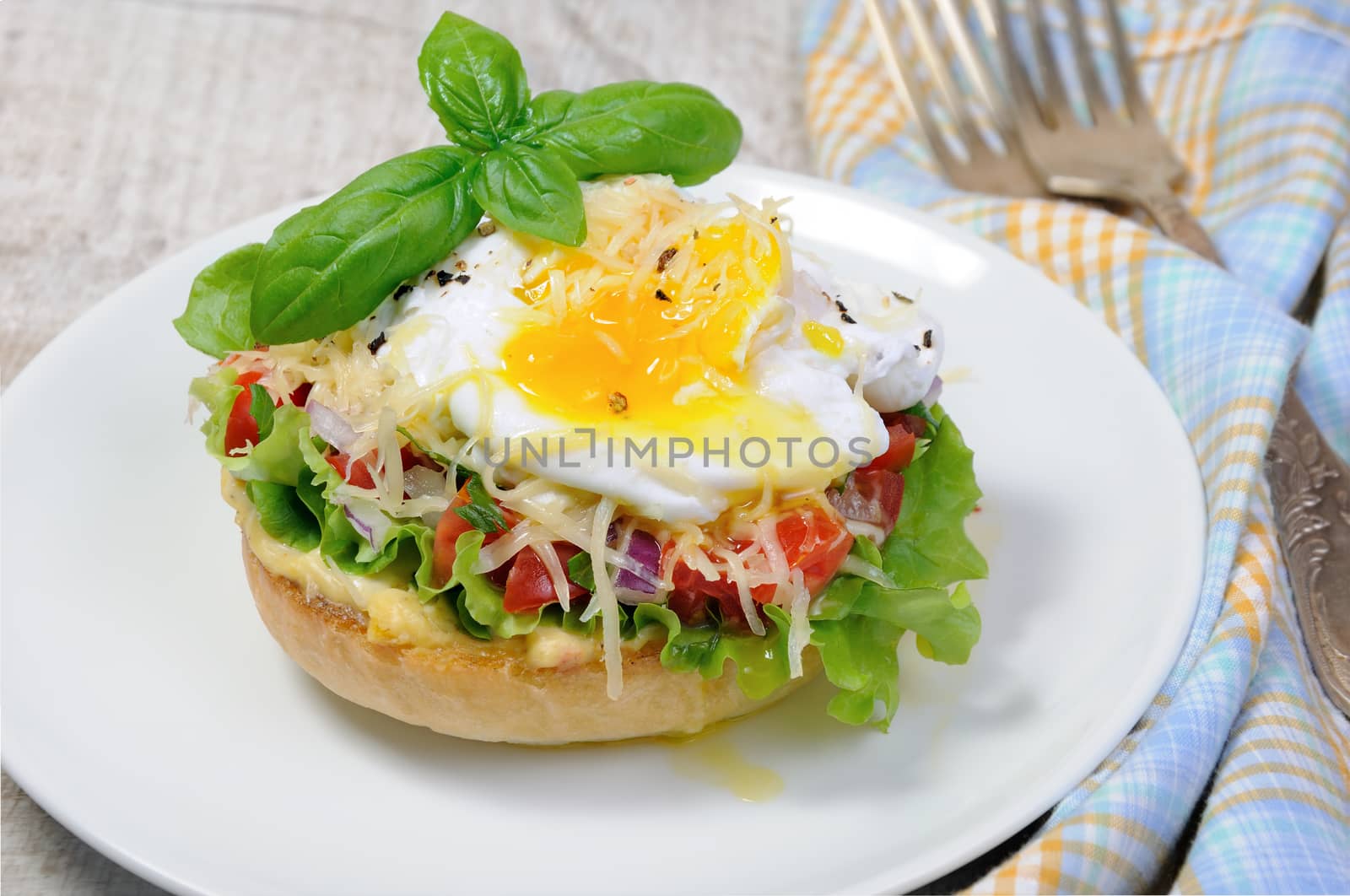 Sandwich with vegetable filling and egg poached, sprinkled cheese
