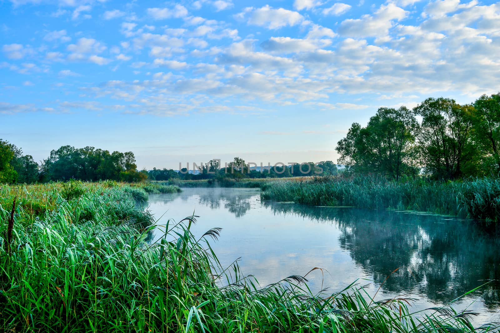 Photo with a sunny summer sunrise over the river.