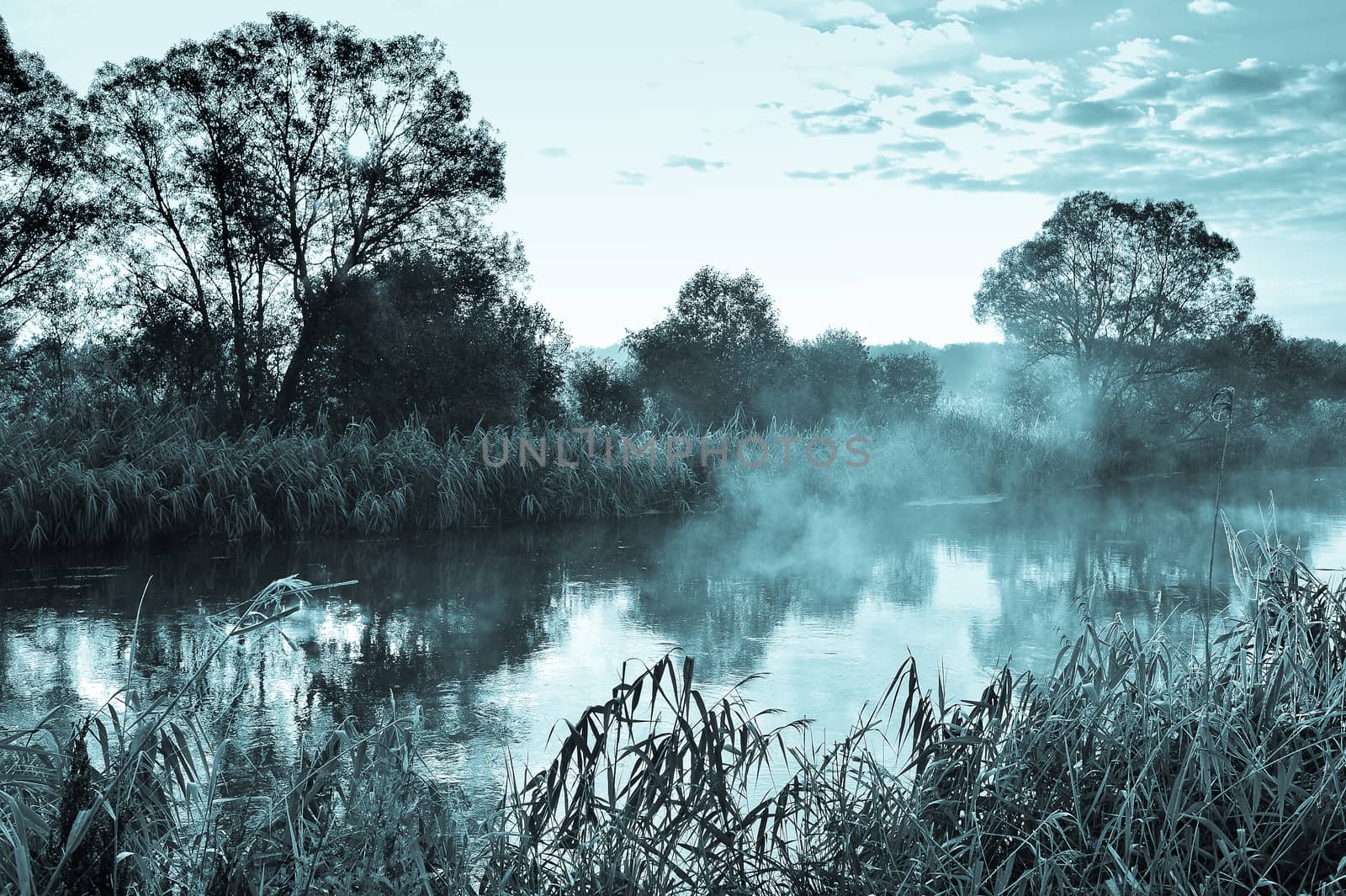 Photo with a sunny summer sunrise over the river.