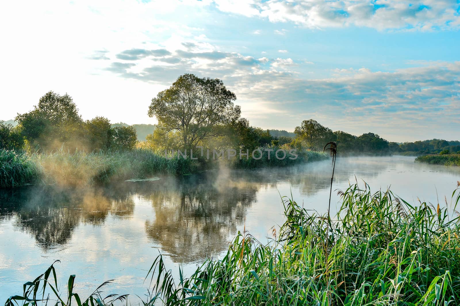 Photo with a sunny summer sunrise over the river.