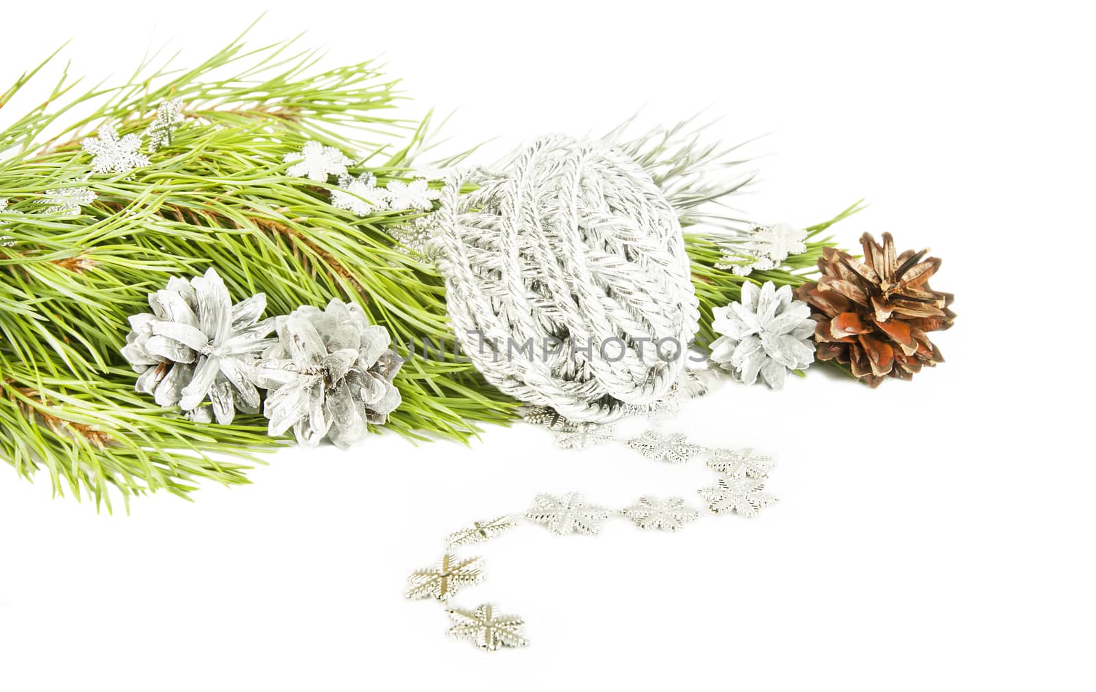 Fir tree branch, silver cones and star garland isolated on white background 