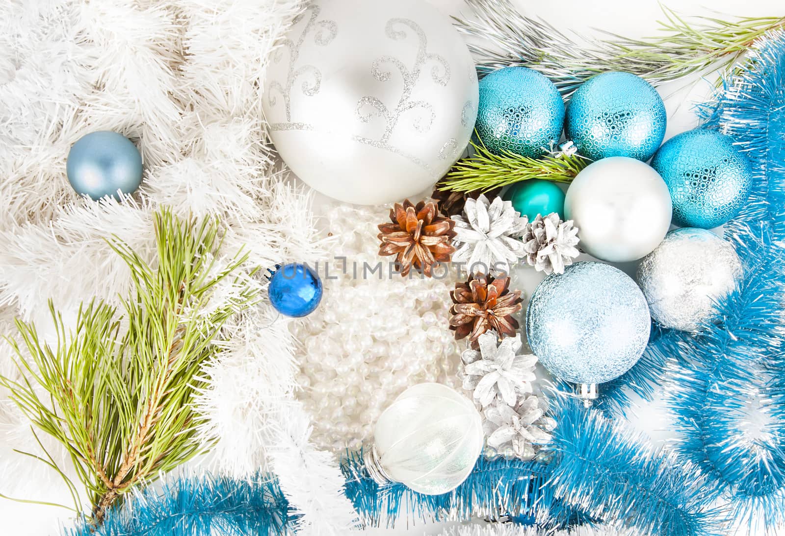 Blue and white new year decorations on white background