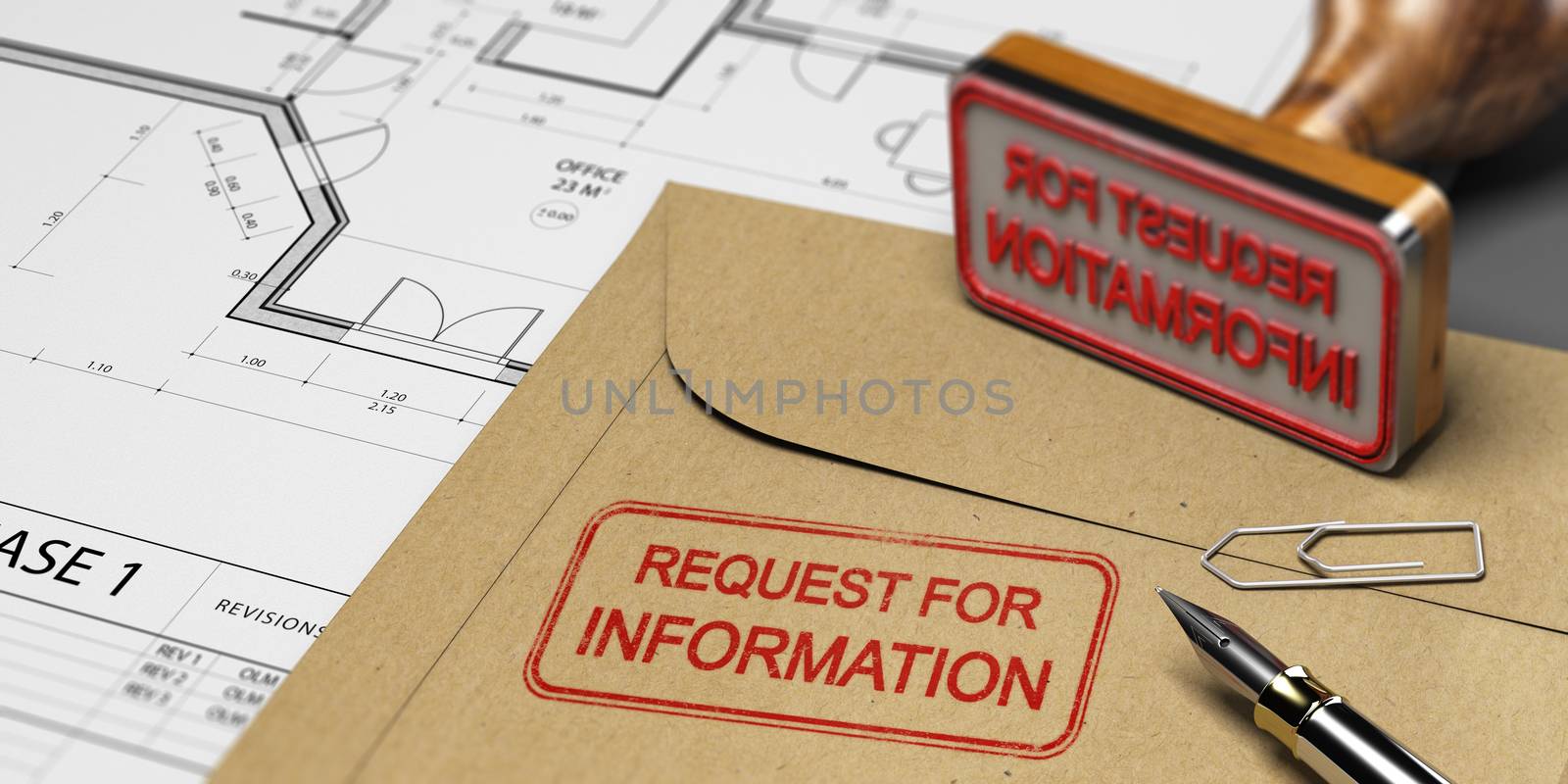 Request for information printed on a kraft envelop, with office supplies, rubber stamp and blueprint, RFI and construction concept. 3D illustration