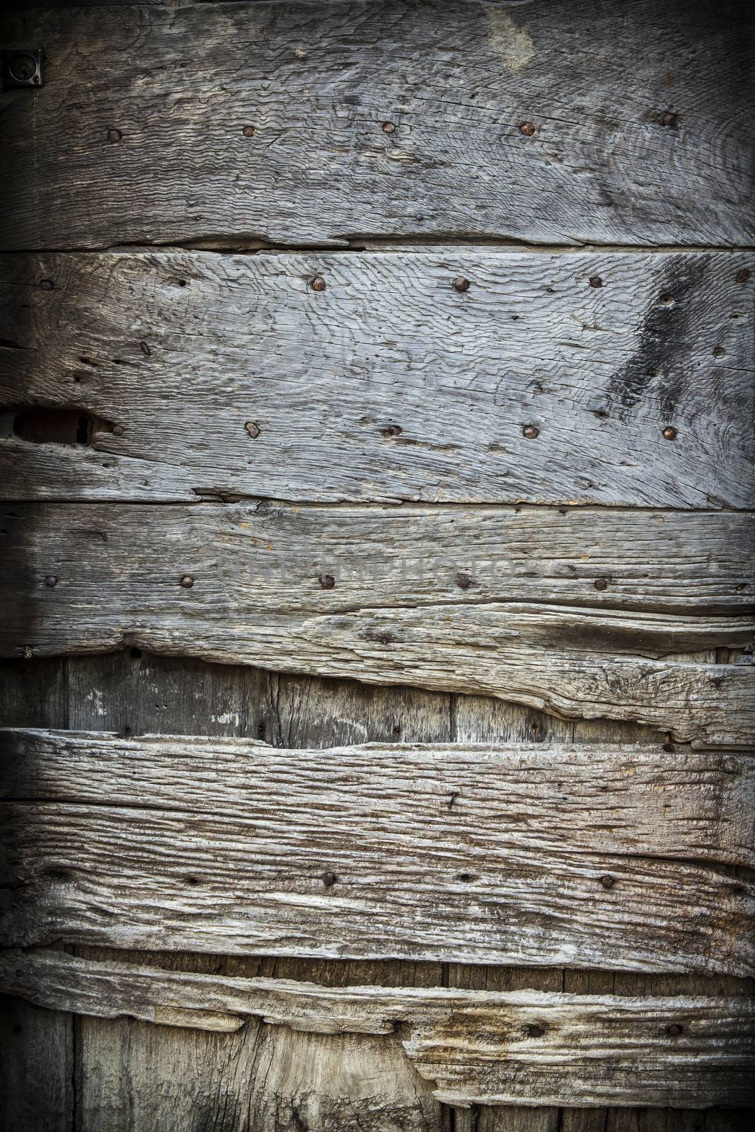 Photo of an old worn wooden door in Italy.