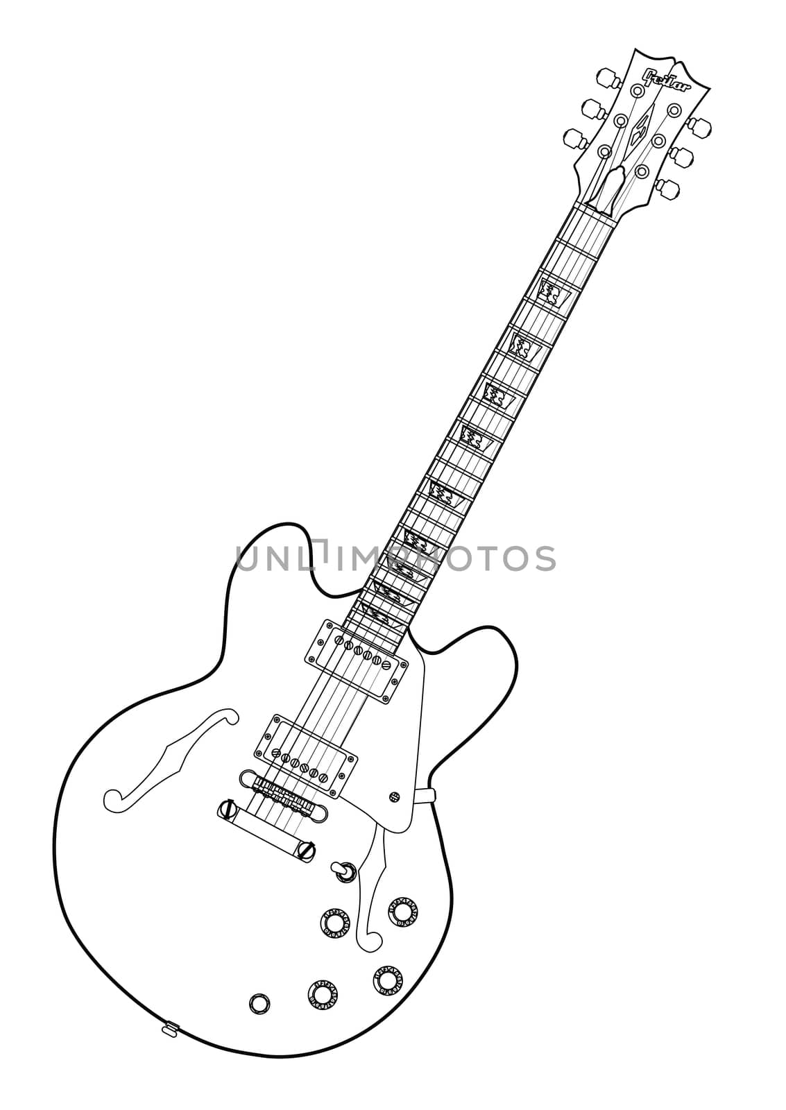A semi acoustic type guitar in outline drawing set in a white background.