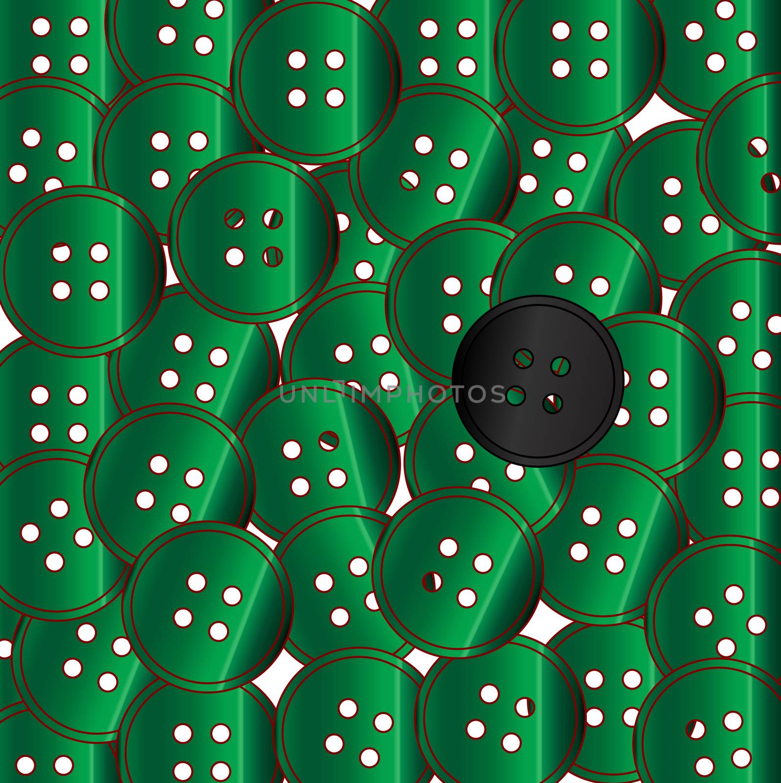 A collection of green buttons with the odd one out being black