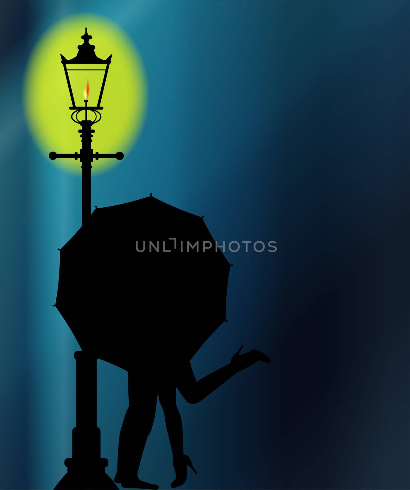 A couple kissing in the night by the light of a street lamppost