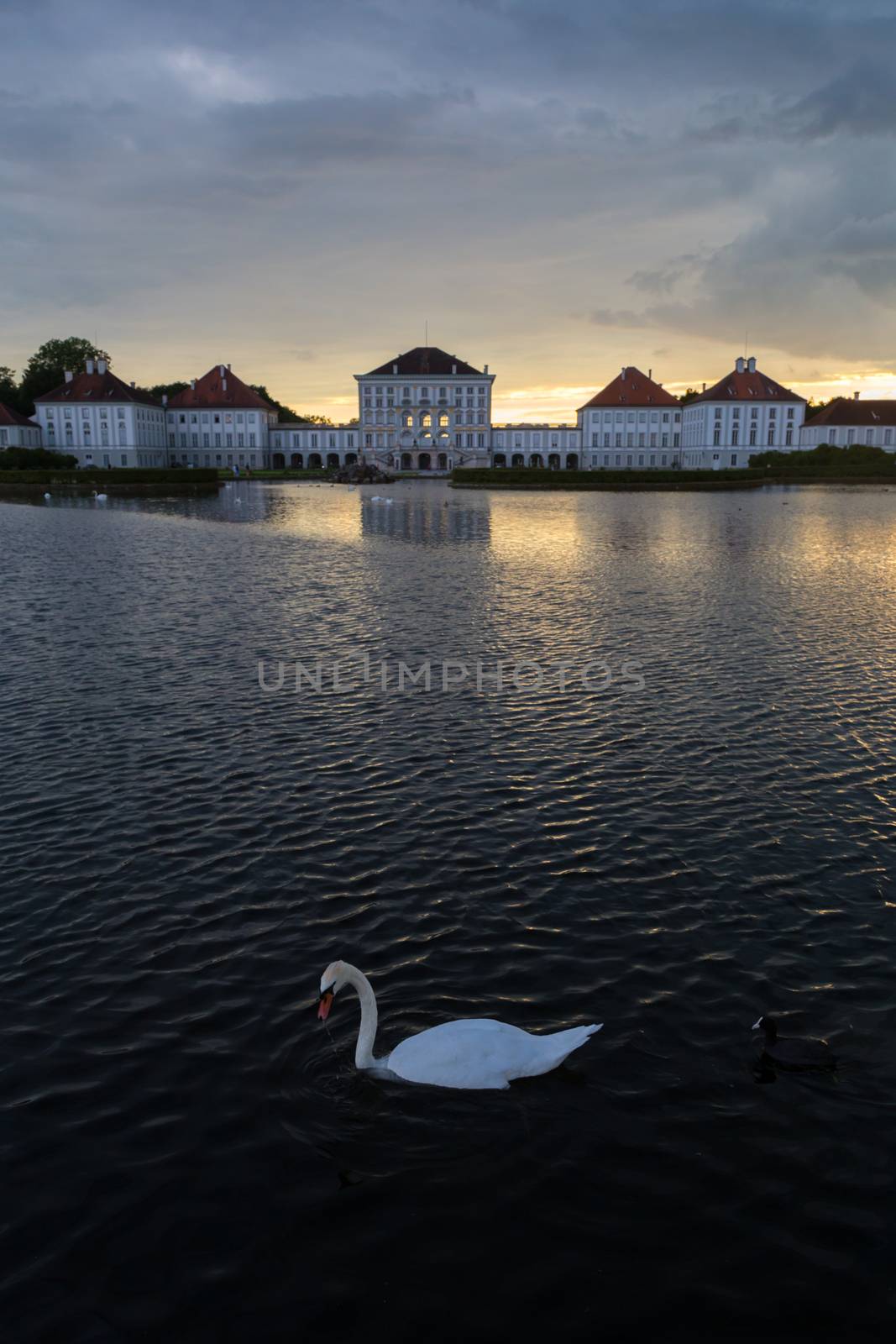 Dramatic scenery of Nymphenburg palace in Munich Germany. Sunset after the sorm. White swan swimming in pond in front of the palace.