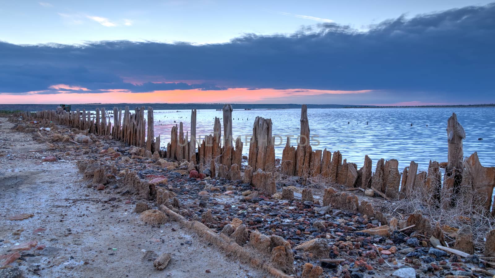 Sunset on the dead lake Kujalnik in Ukraine