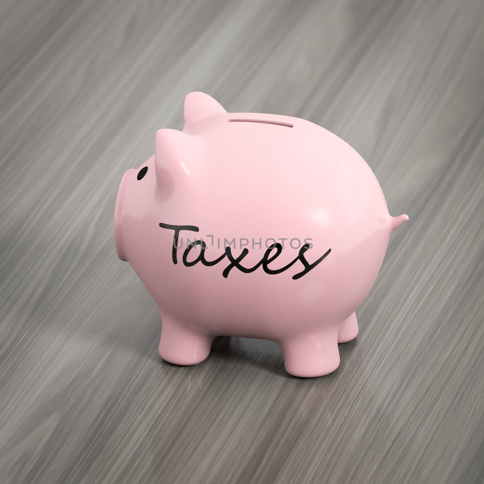 3d rendering of a pink piggy bank with the word taxes