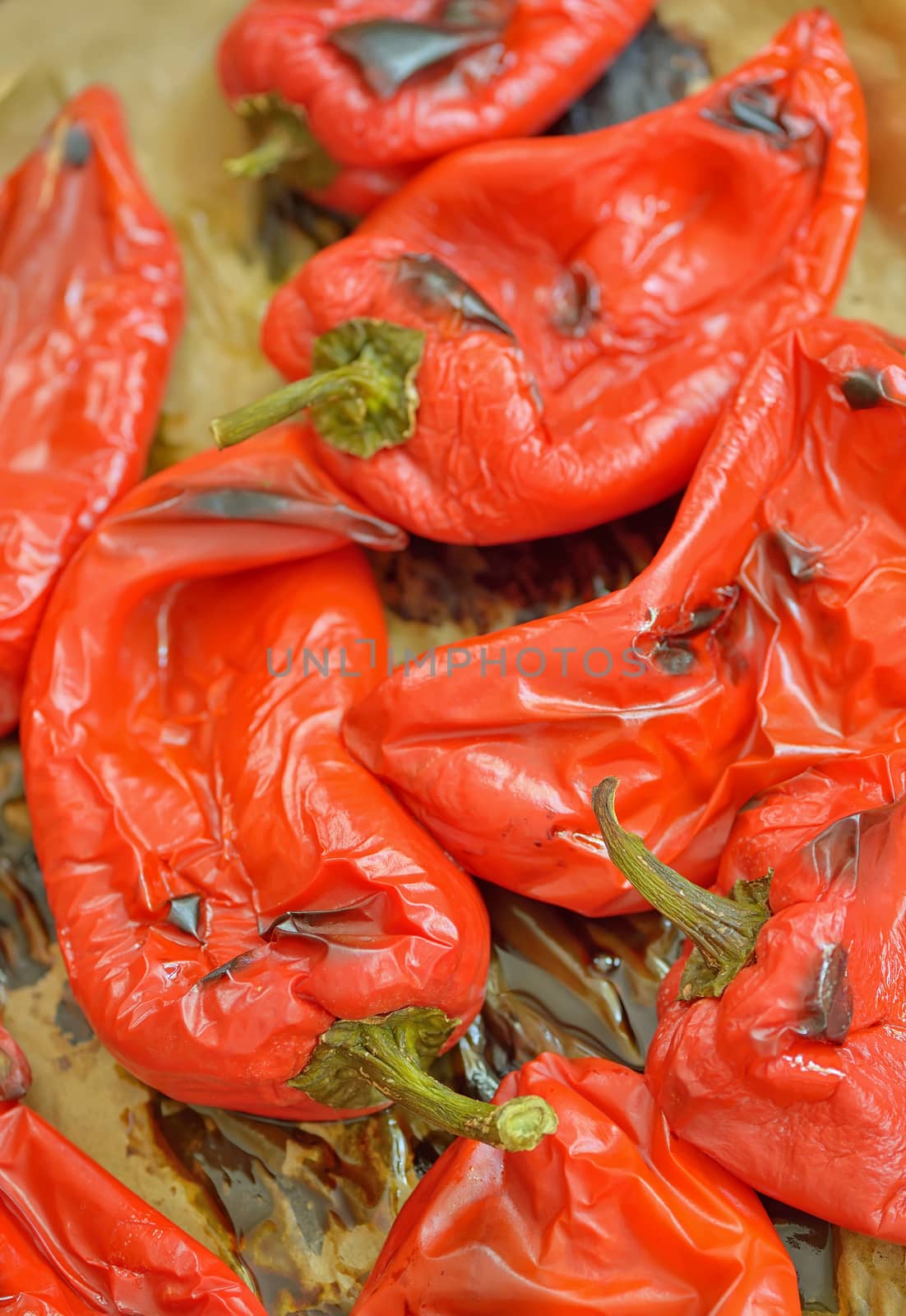 Red bell paprika roasting in the oven