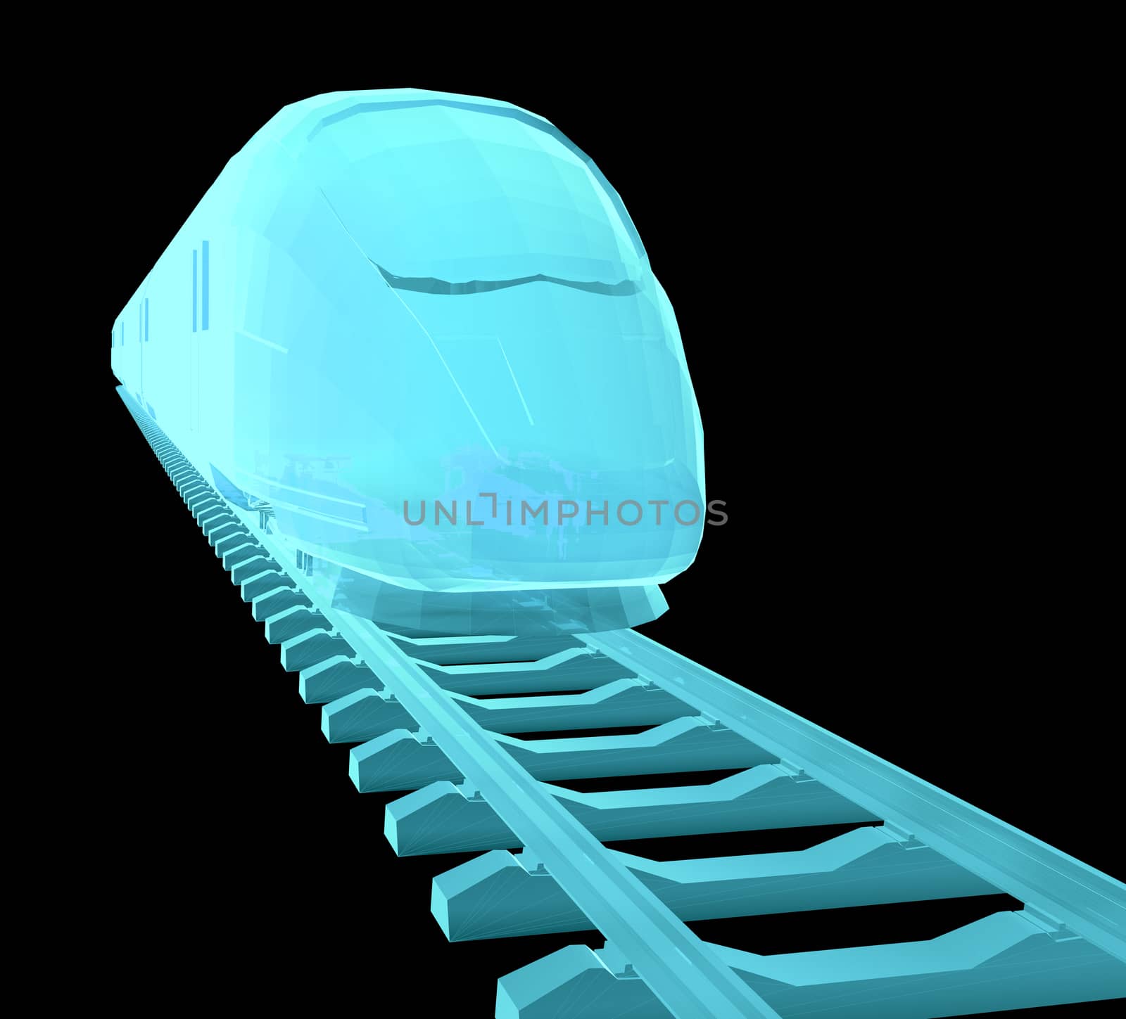 Glow blue high-speed train on black background. 3d illustration