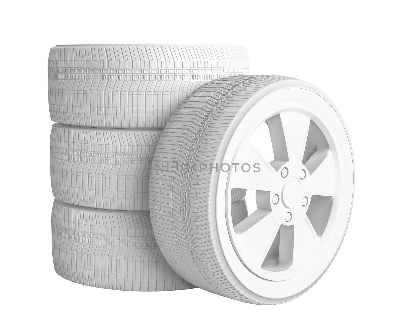 Closeup of white tires, isolated on white background. 3D Illustration