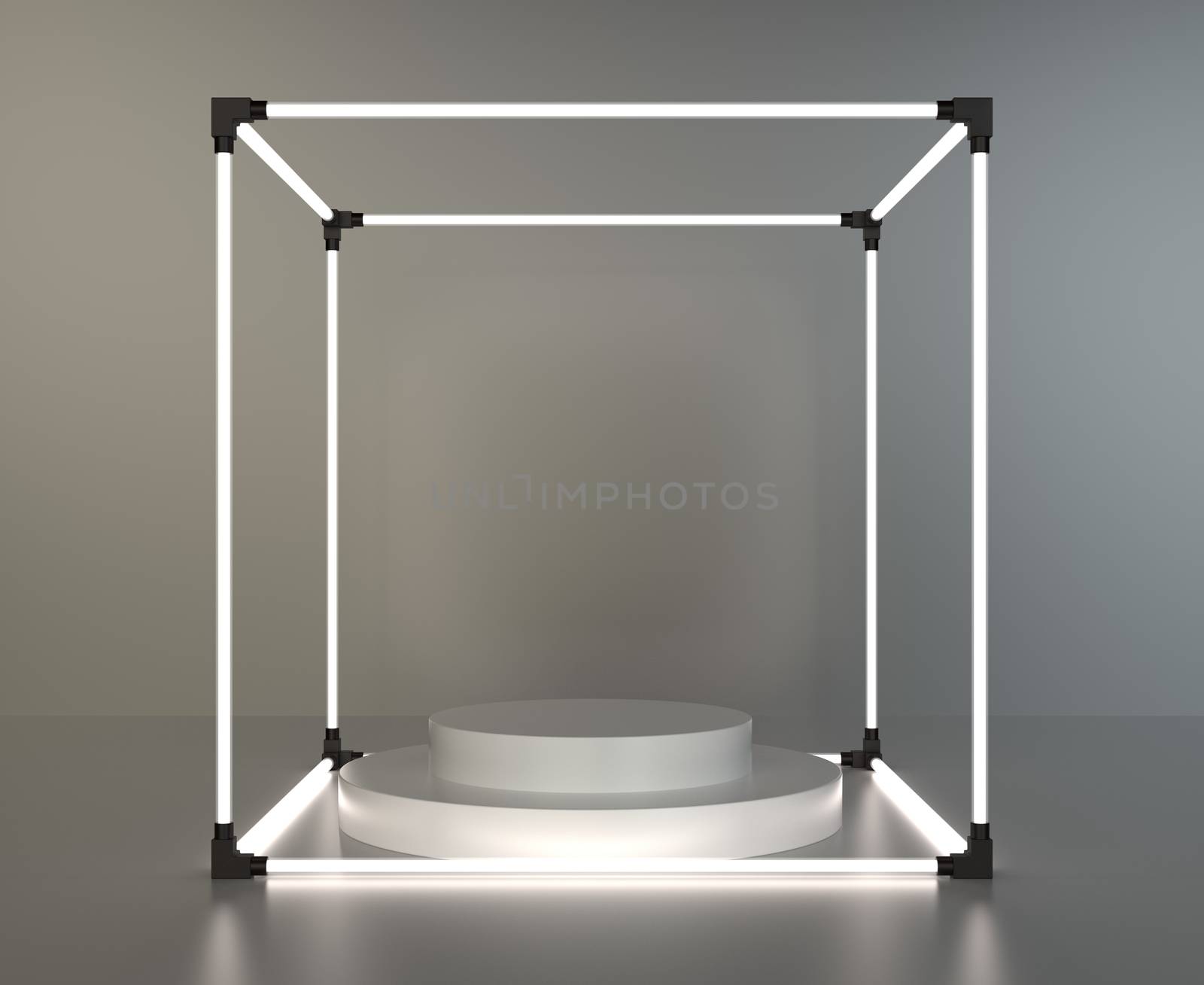 Glowing showcase with round white podium on gray background with reflection. 3d rendering.