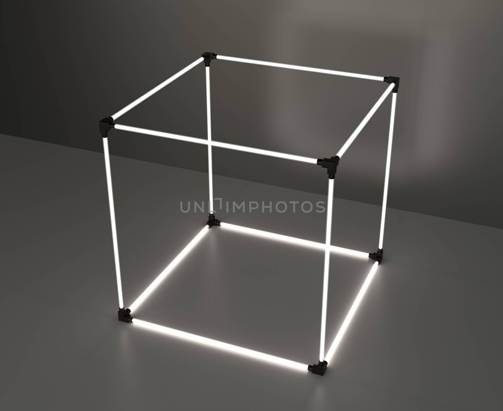 Glowing cube showcase on gray background with reflection. 3d rendering by Mirexon