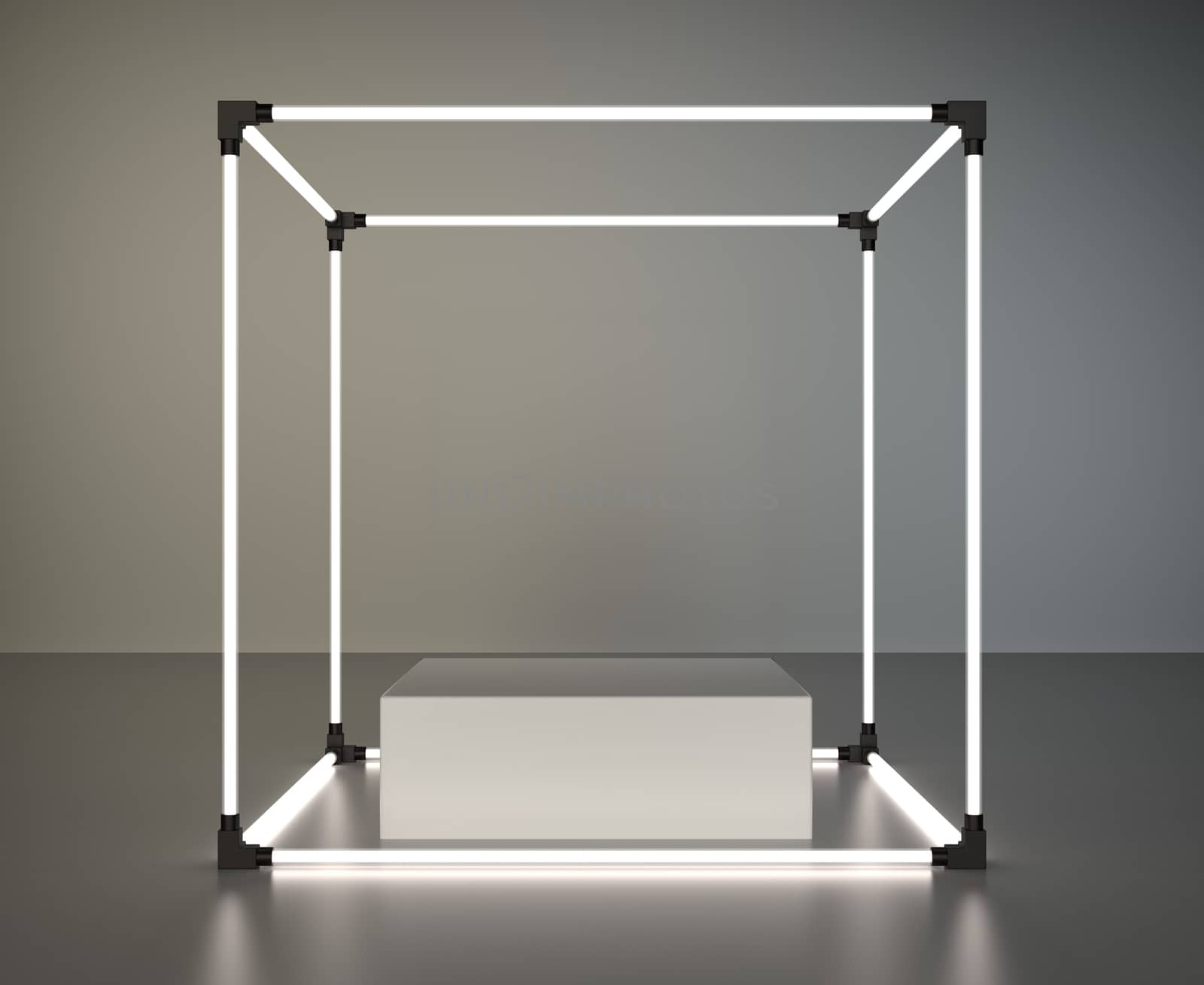 Glowing showcase with white podium on gray background with reflection. 3d rendering by Mirexon