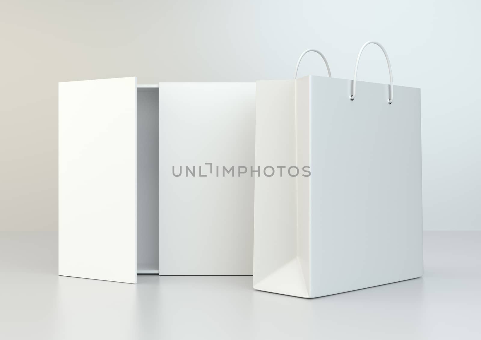 Blank box open and shopping bag on a gray floor. 3d rendering by Mirexon