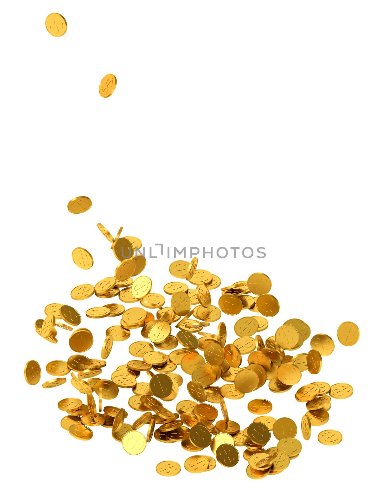 Falling gold coins on white background. 3D Illustration