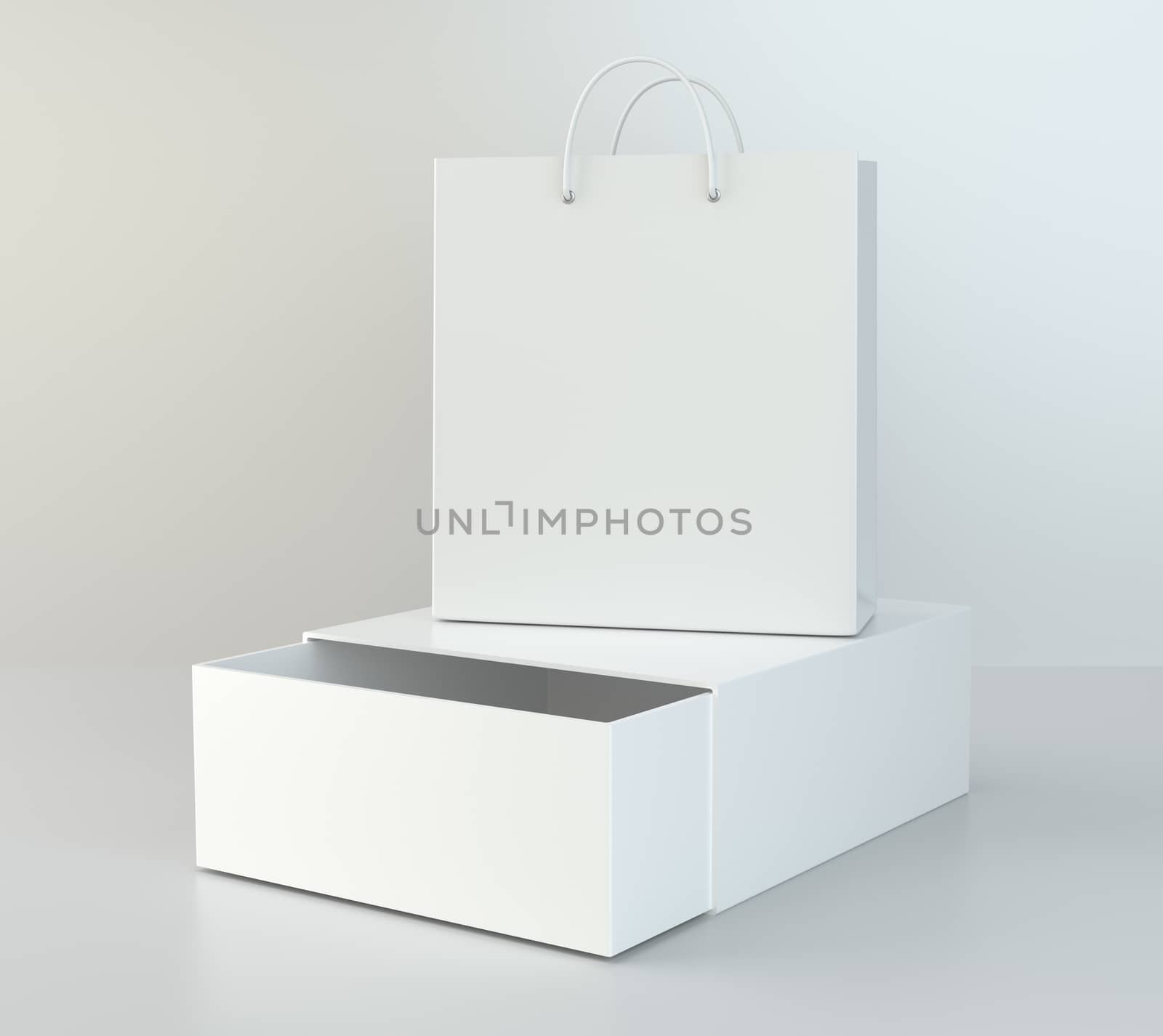 Blank box open and shopping bag on a gray floor. 3d rendering by Mirexon