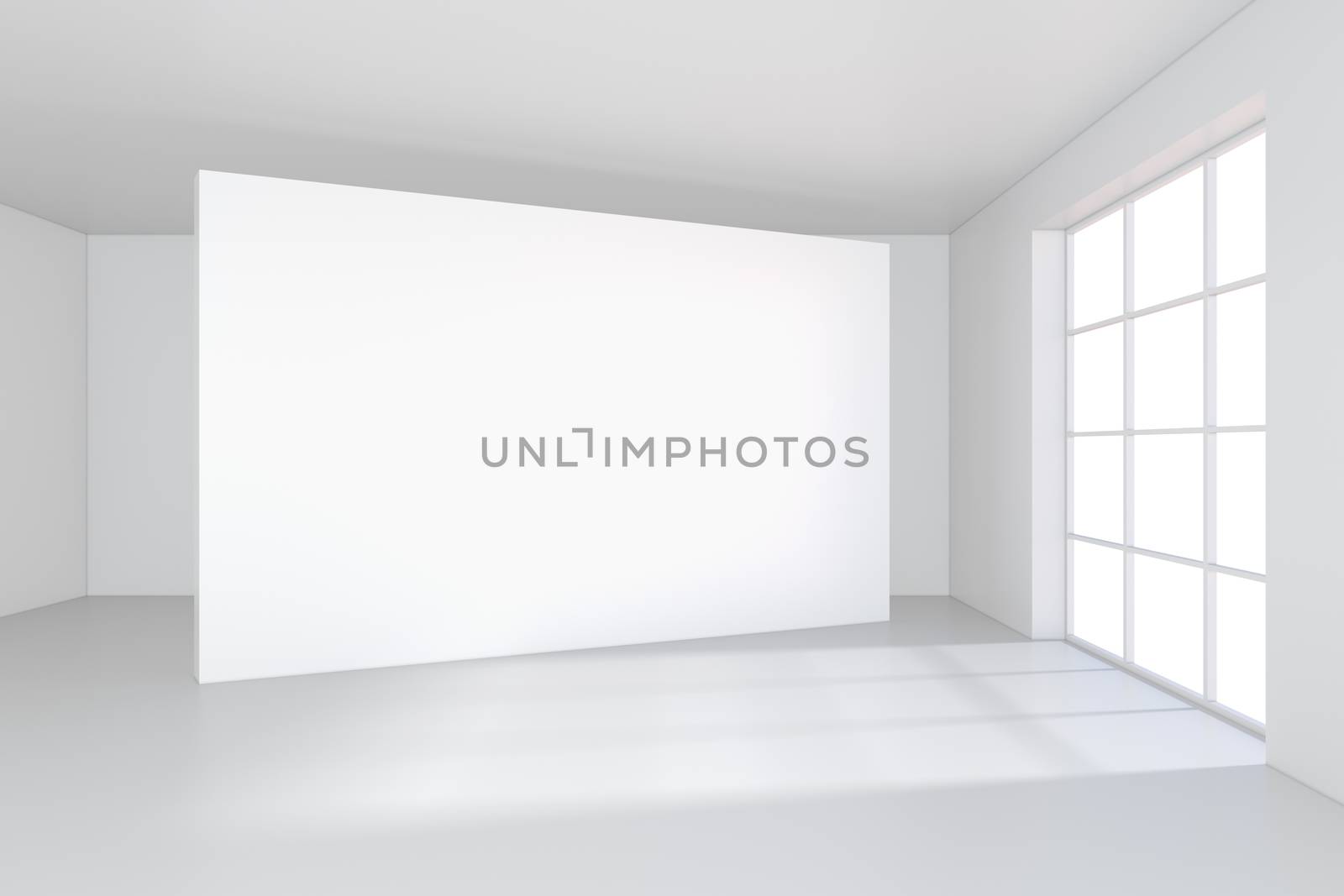 White billboard in an empty office with large windows and beautiful diffused light from the window. 3D rendering.