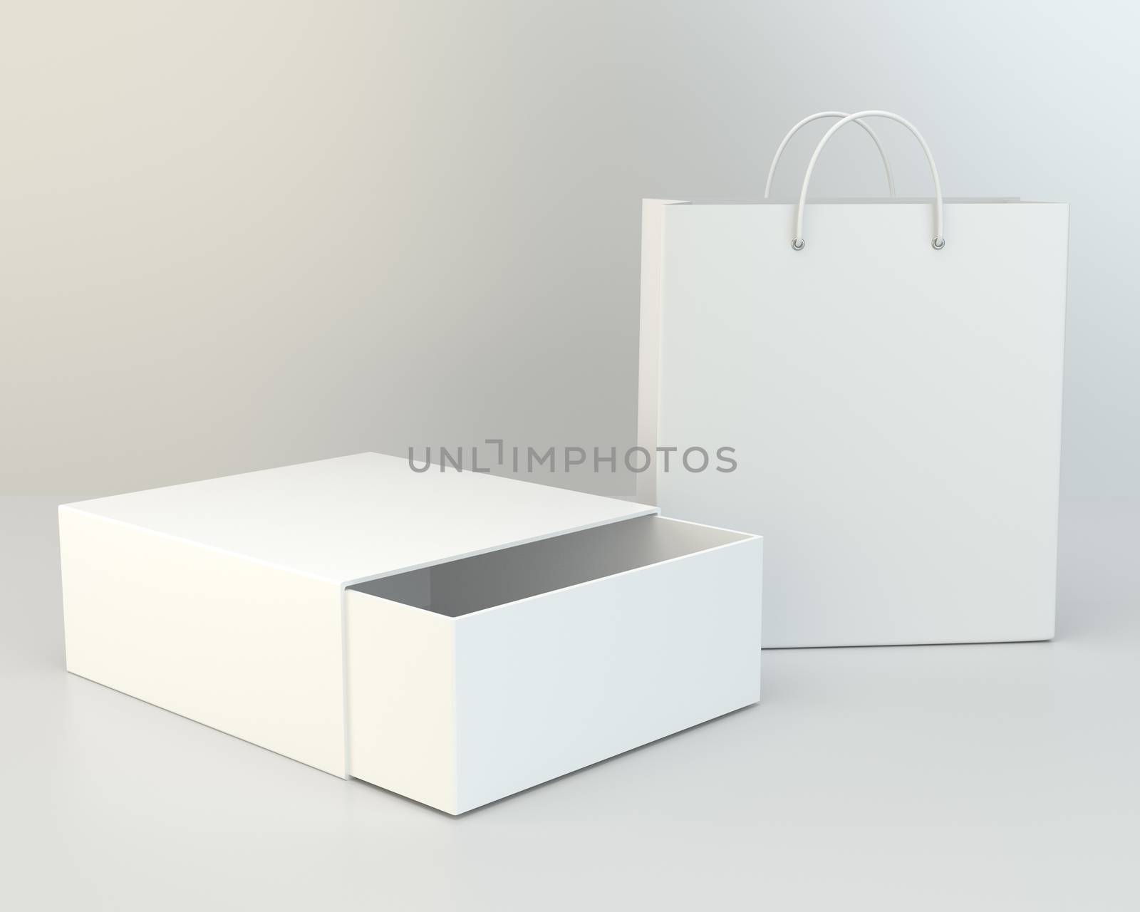 Blank box and shopping bag on a gray floor. 3d rendering by Mirexon