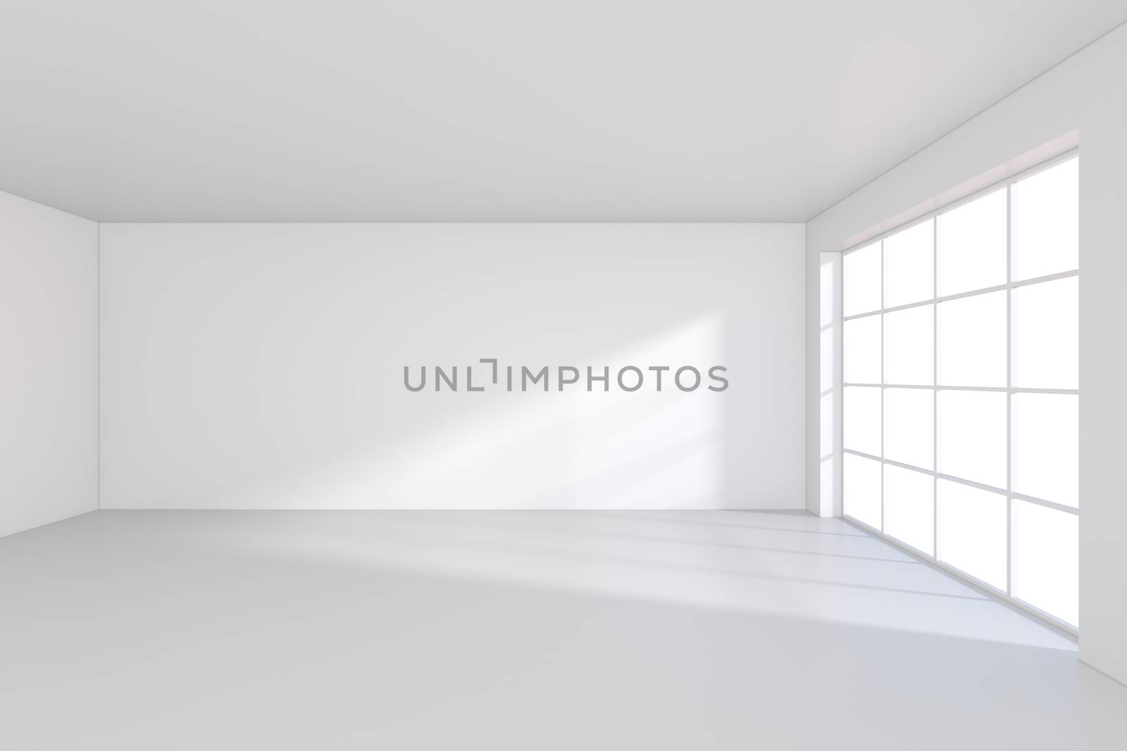 large office with windows and falling light from the window to the floor. 3D rendering by Mirexon