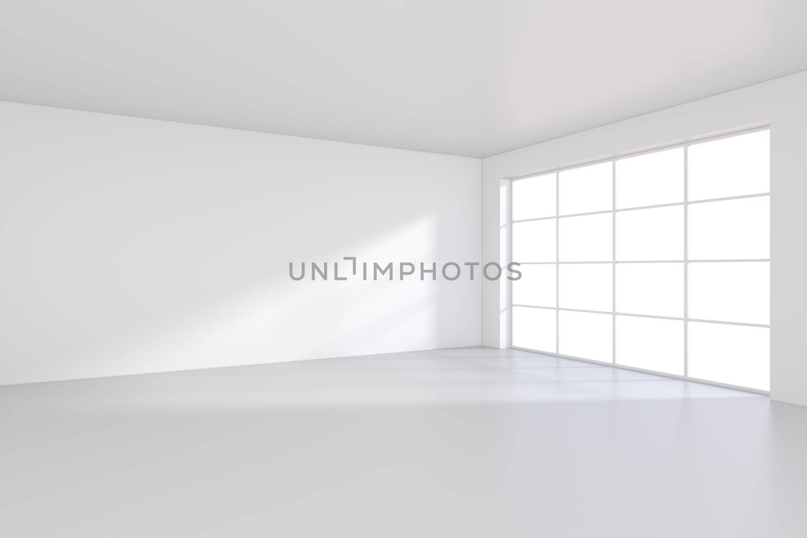Large room with windows and falling light from the window to the floor. 3D rendering by Mirexon