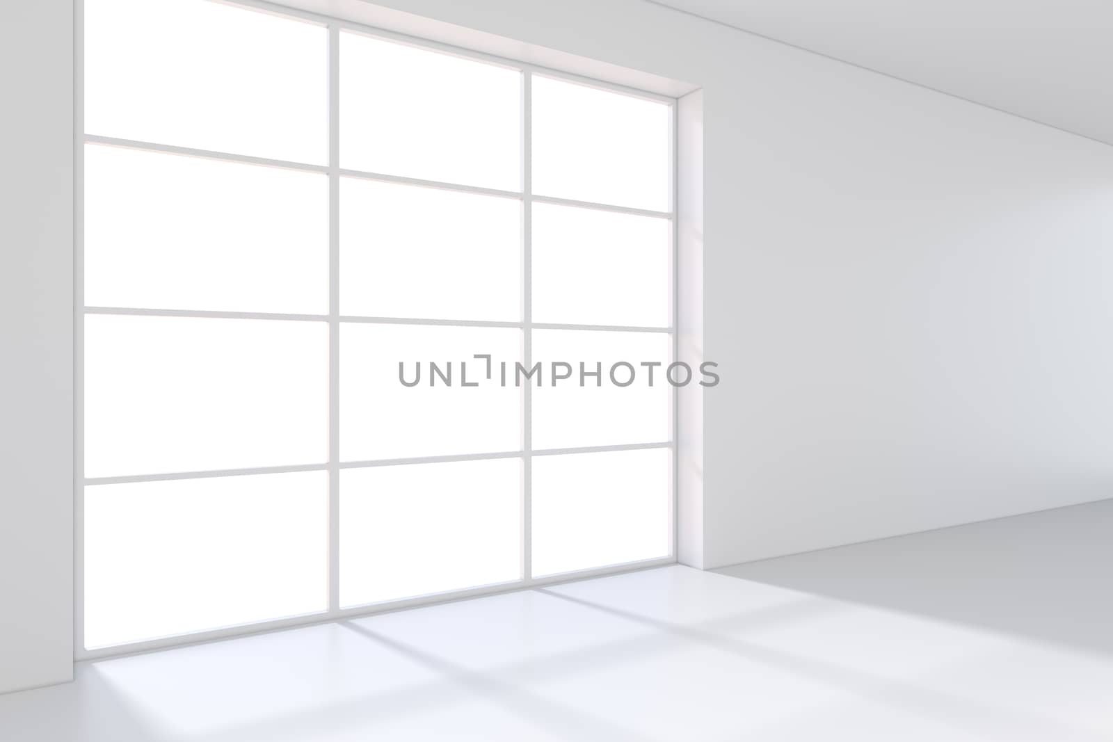 Large window in white room with a bright light. 3D rendering.