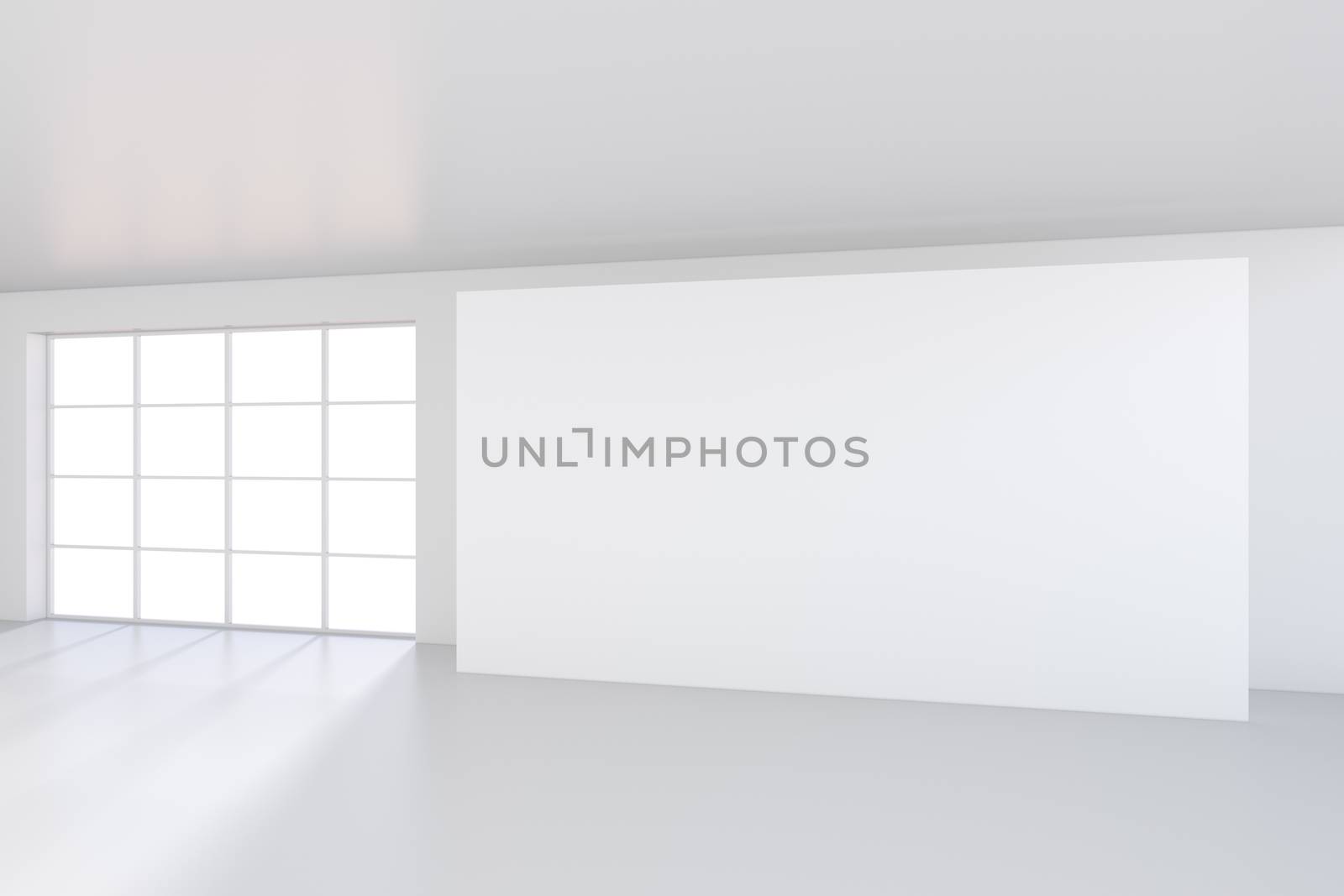 Empty white billboard in a big bright room. 3D rendering by Mirexon