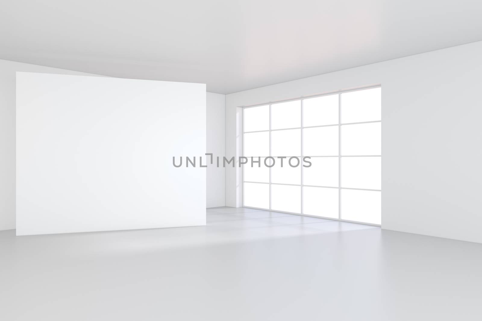 White billboard standing near a window in a white room. 3D rendering.