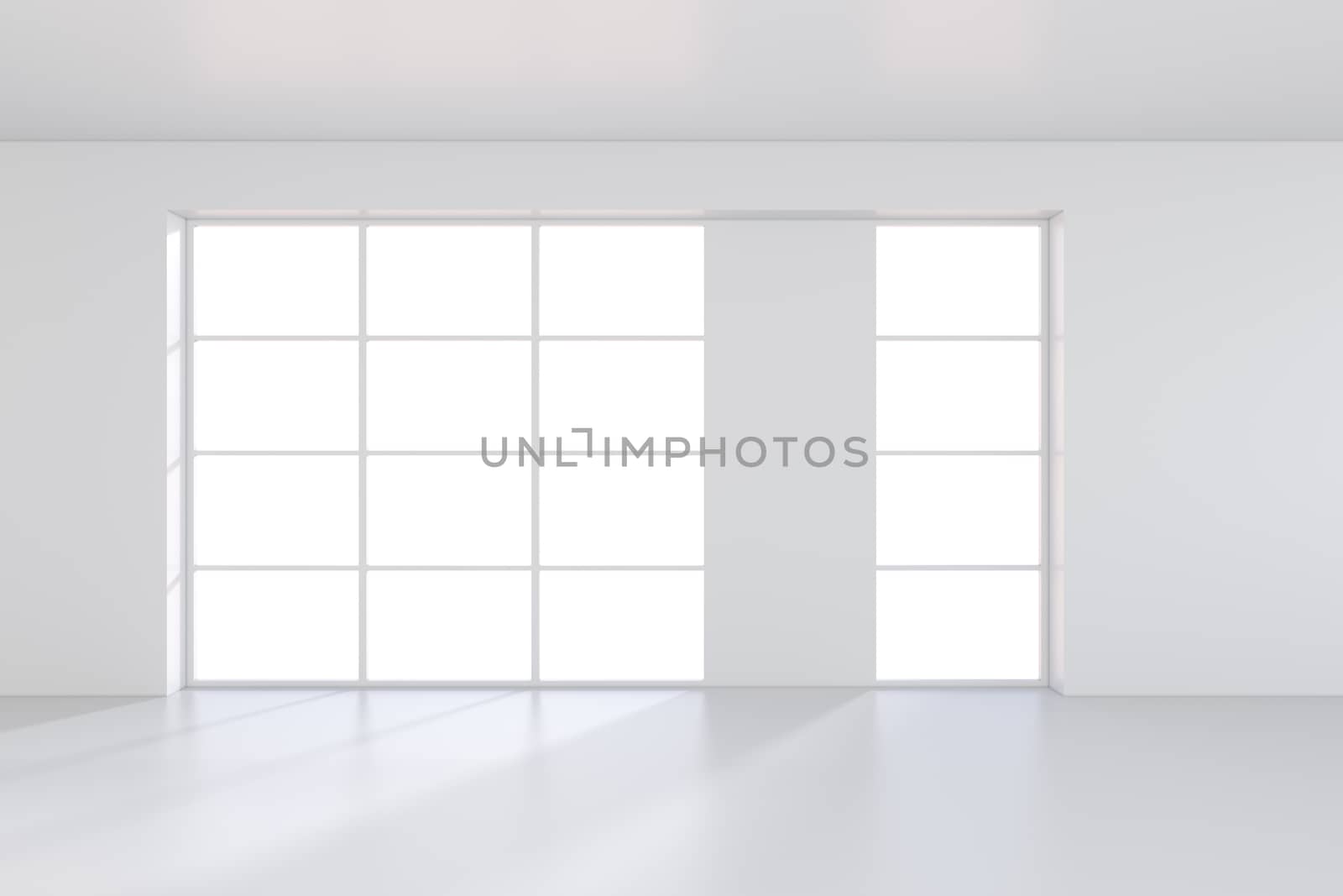 Large window in white room with a bright light. 3D rendering.